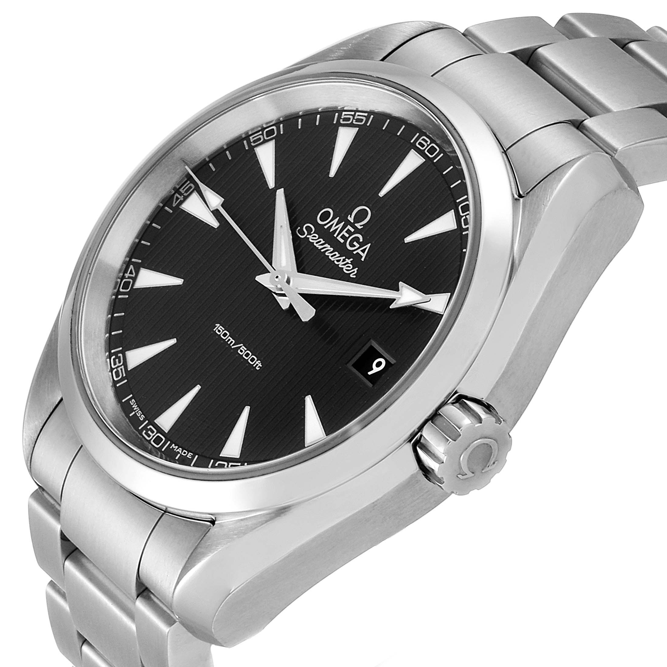 The image displays an angled view of an Omega Aqua Terra 231.10.39.60.06.001 Men's Stainless Steel Grey Dial 231.10.39.60.06.001 Men's Stainless Steel Grey Dial watch, highlighting its black dial, stainless steel case, bracelet, and date window.