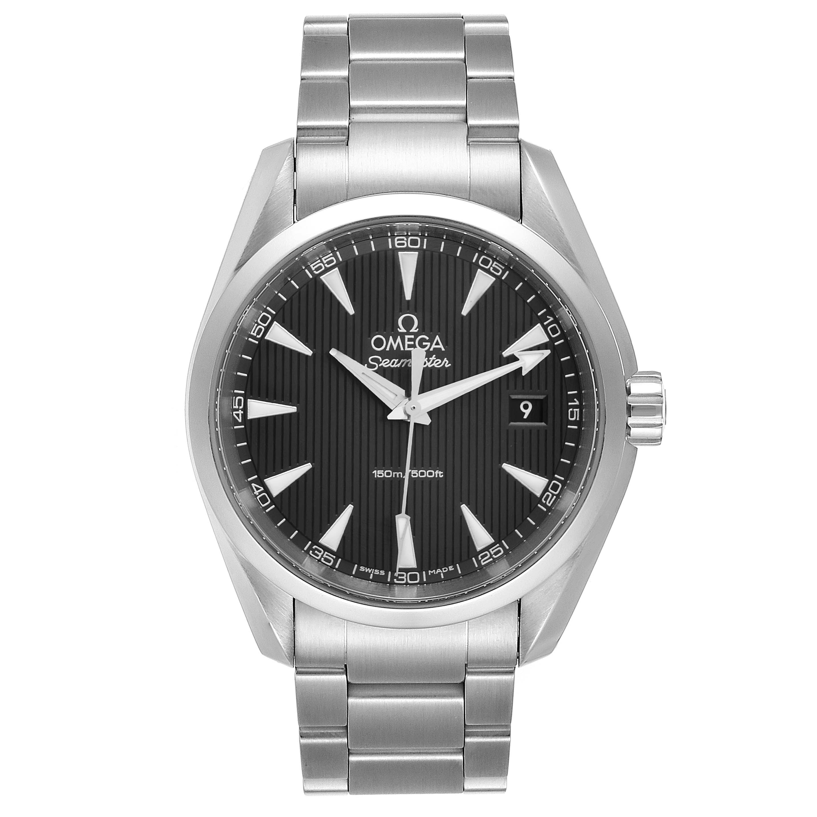 The image shows a front view of the Omega Aqua Terra 231.10.39.60.06.001 Men's Stainless Steel Grey Dial 231.10.39.60.06.001 Men's Stainless Steel Grey Dial watch, highlighting its stainless steel bracelet and black dial.