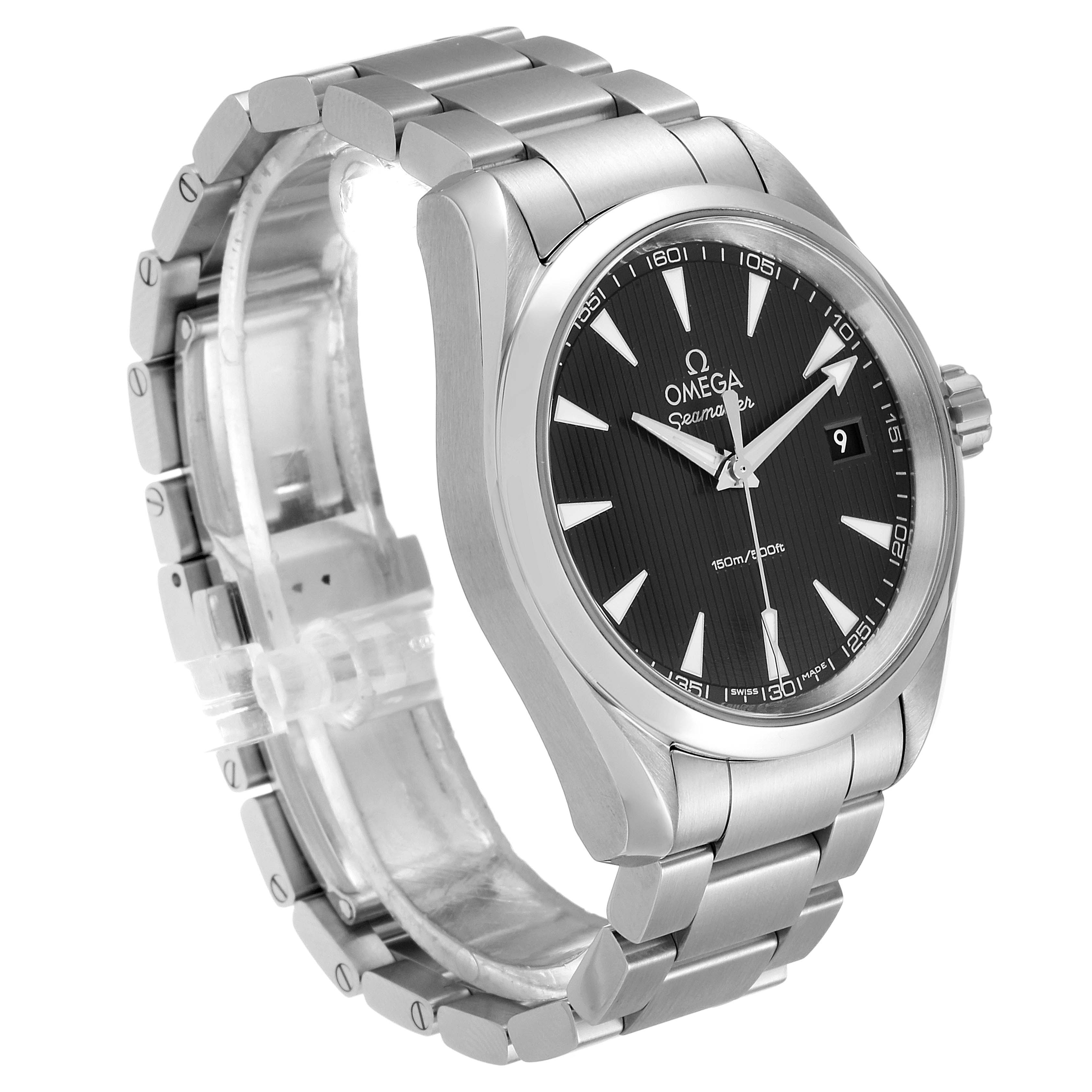 The Omega Aqua Terra 231.10.39.60.06.001 Men's Stainless Steel Grey Dial 231.10.39.60.06.001 Men's Stainless Steel Grey Dial watch is shown at a three-quarter angle, highlighting its face, bezel, and stainless steel bracelet.