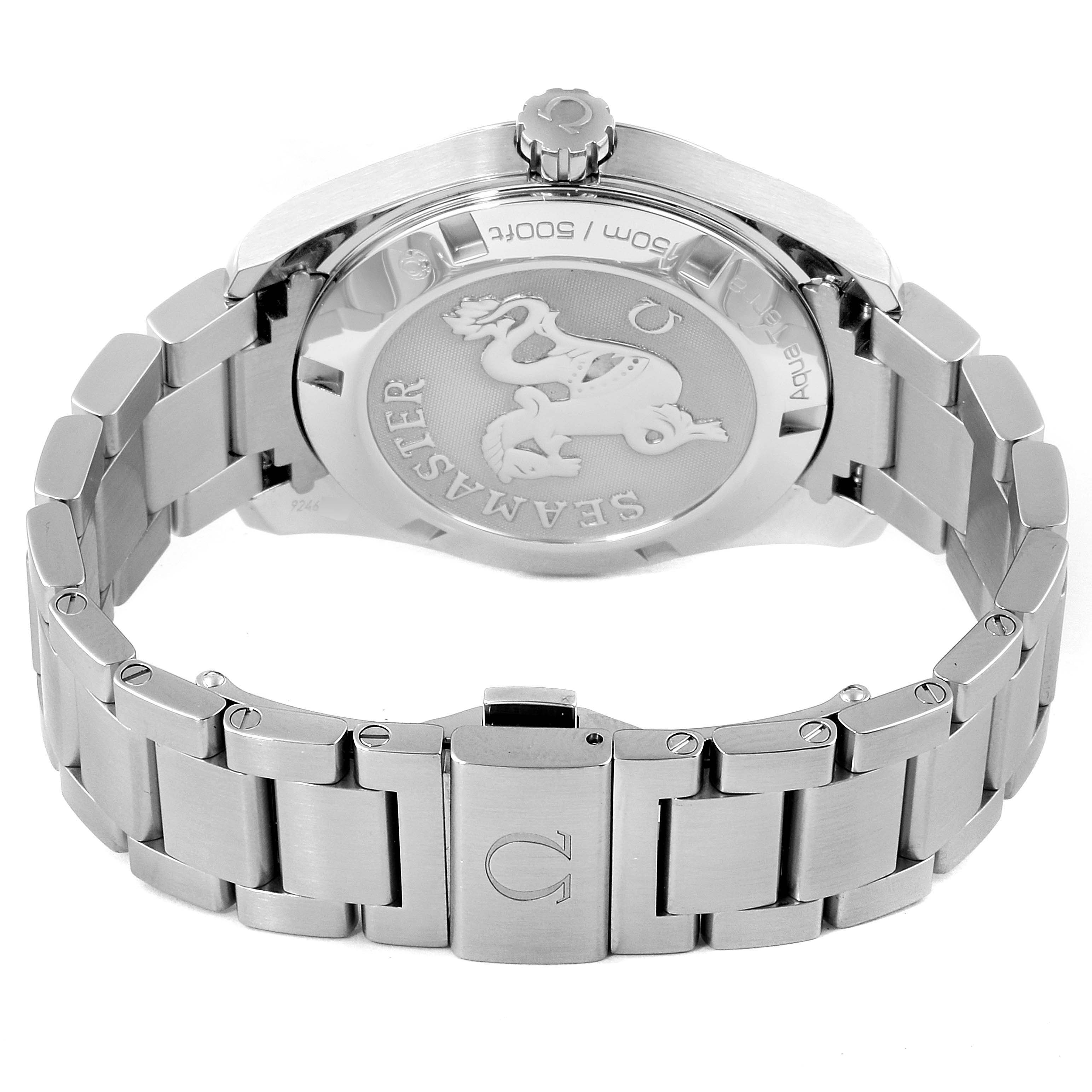 The image shows the back of the Omega Aqua Terra 231.10.39.60.06.001 Men's Stainless Steel Grey Dial 231.10.39.60.06.001 Men's Stainless Steel Grey Dial watch, highlighting its case back and stainless steel bracelet.