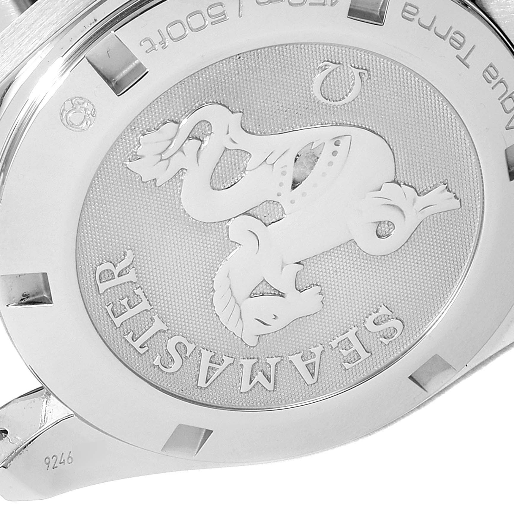 The image shows the case back of the Omega Aqua Terra 231.10.39.60.06.001 Men's Stainless Steel Grey Dial 231.10.39.60.06.001 Men's Stainless Steel Grey Dial watch, focusing on the Seamasters logo artwork.