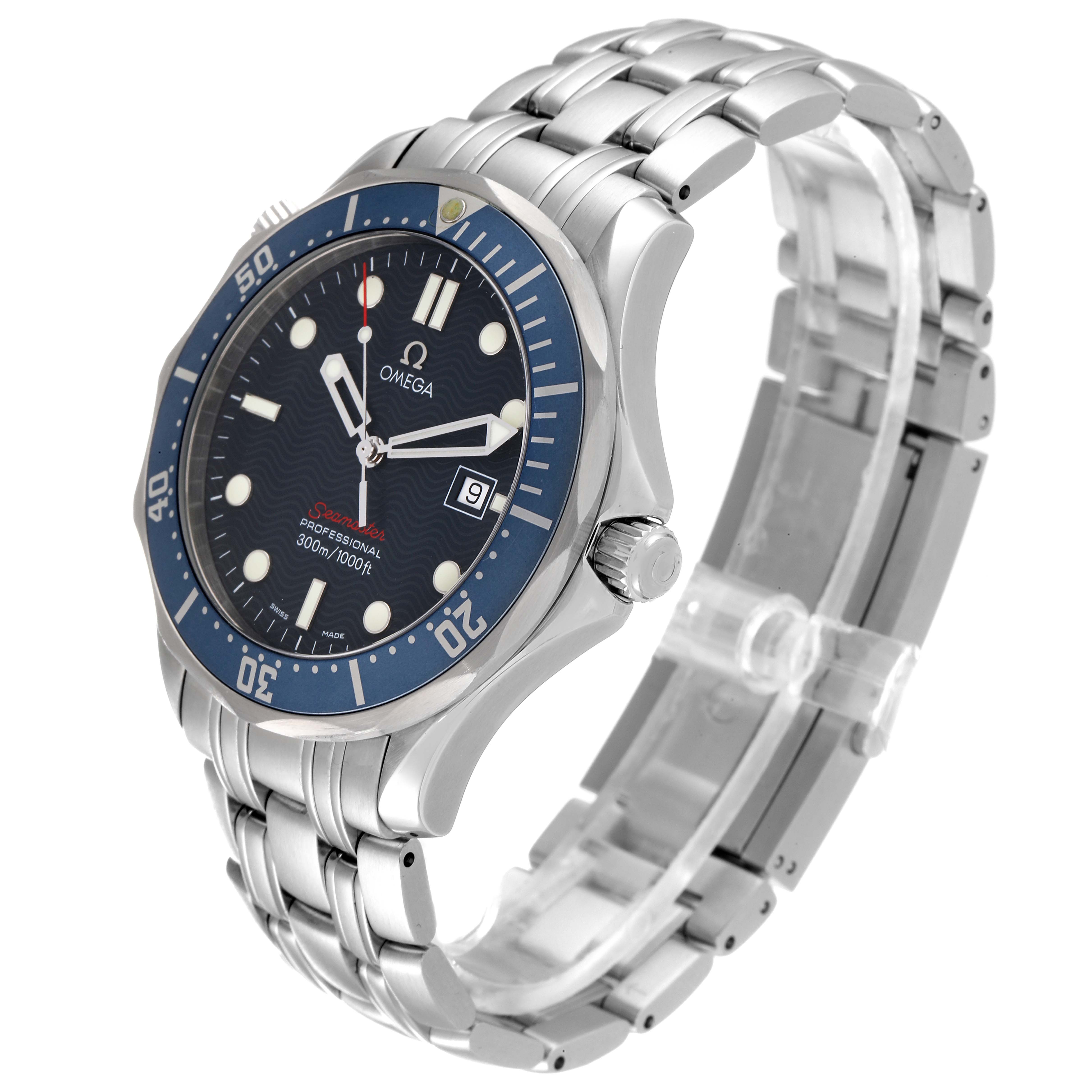 The Omega Seamaster 2221.80.00 Men's Stainless Steel Blue Dial 2221.80.00 Men's Stainless Steel Blue Dial watch is shown at an angle, highlighting the face, bezel, case, and stainless steel bracelet.