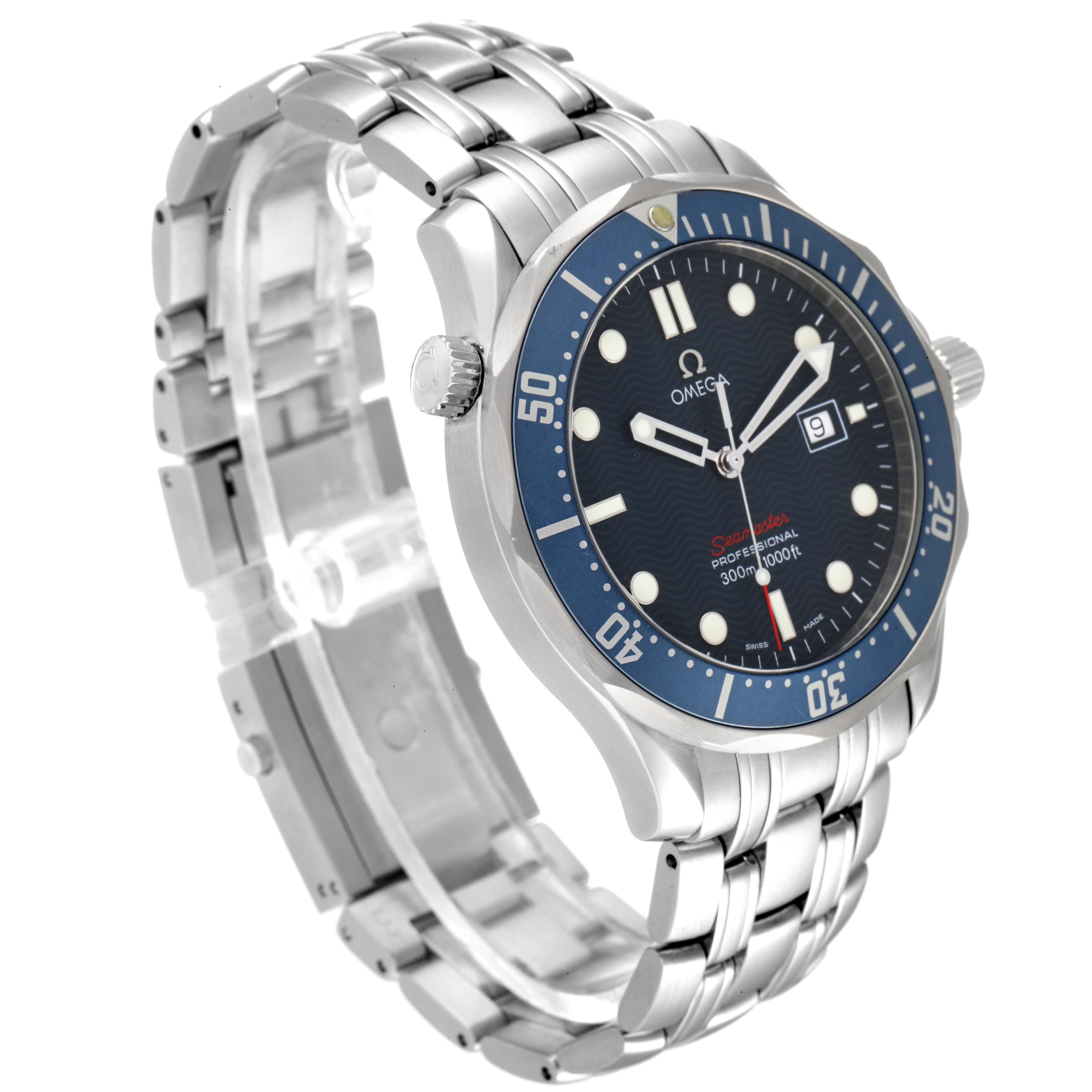 This Omega Seamaster 2221.80.00 Men's Stainless Steel Blue Dial 2221.80.00 Men's Stainless Steel Blue Dial watch is shown at an angled view, highlighting the face, bezel, crown, and stainless steel band.