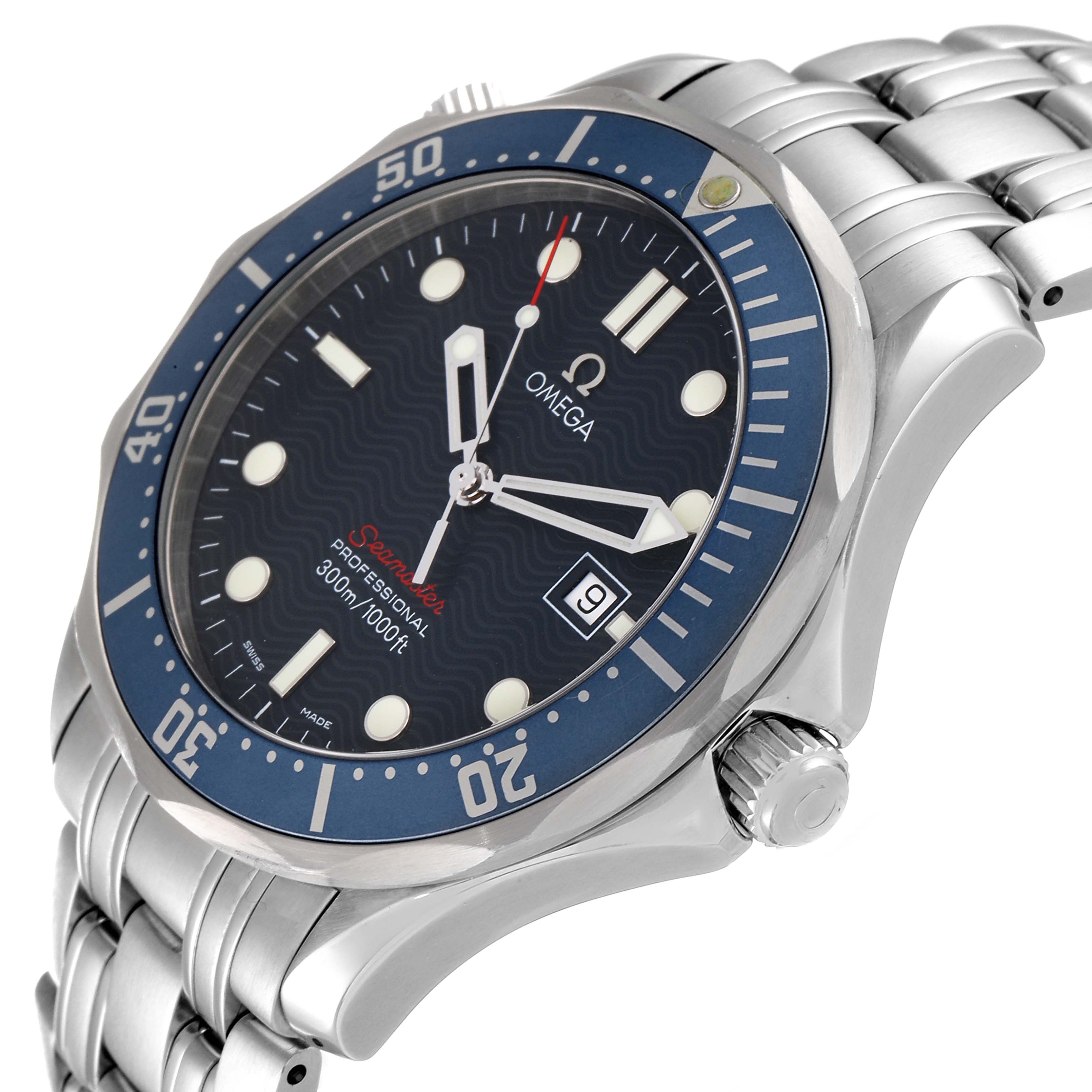 The image shows an angled view of the Omega Seamaster 2221.80.00 Men's Stainless Steel Blue Dial 2221.80.00 Men's Stainless Steel Blue Dial watch displaying its face, bezel, crown, and a portion of the bracelet.