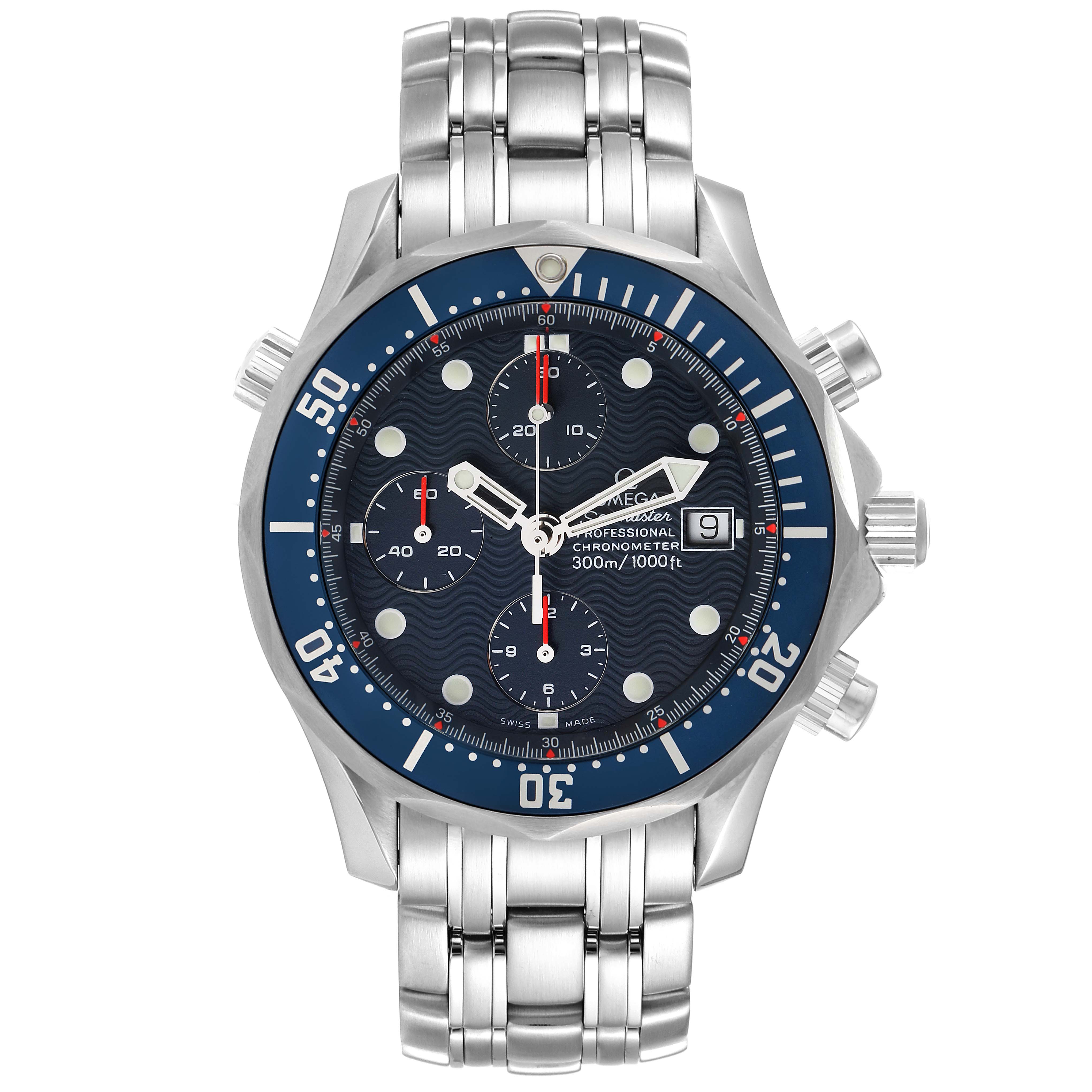 The image shows a full front view of the Omega Seamaster 2599.80.00 Men's Stainless Steel Blue Dial 2599.80.00 Men's Stainless Steel Blue Dial watch, showcasing its face, bezel, three sub-dials, and full bracelet.
