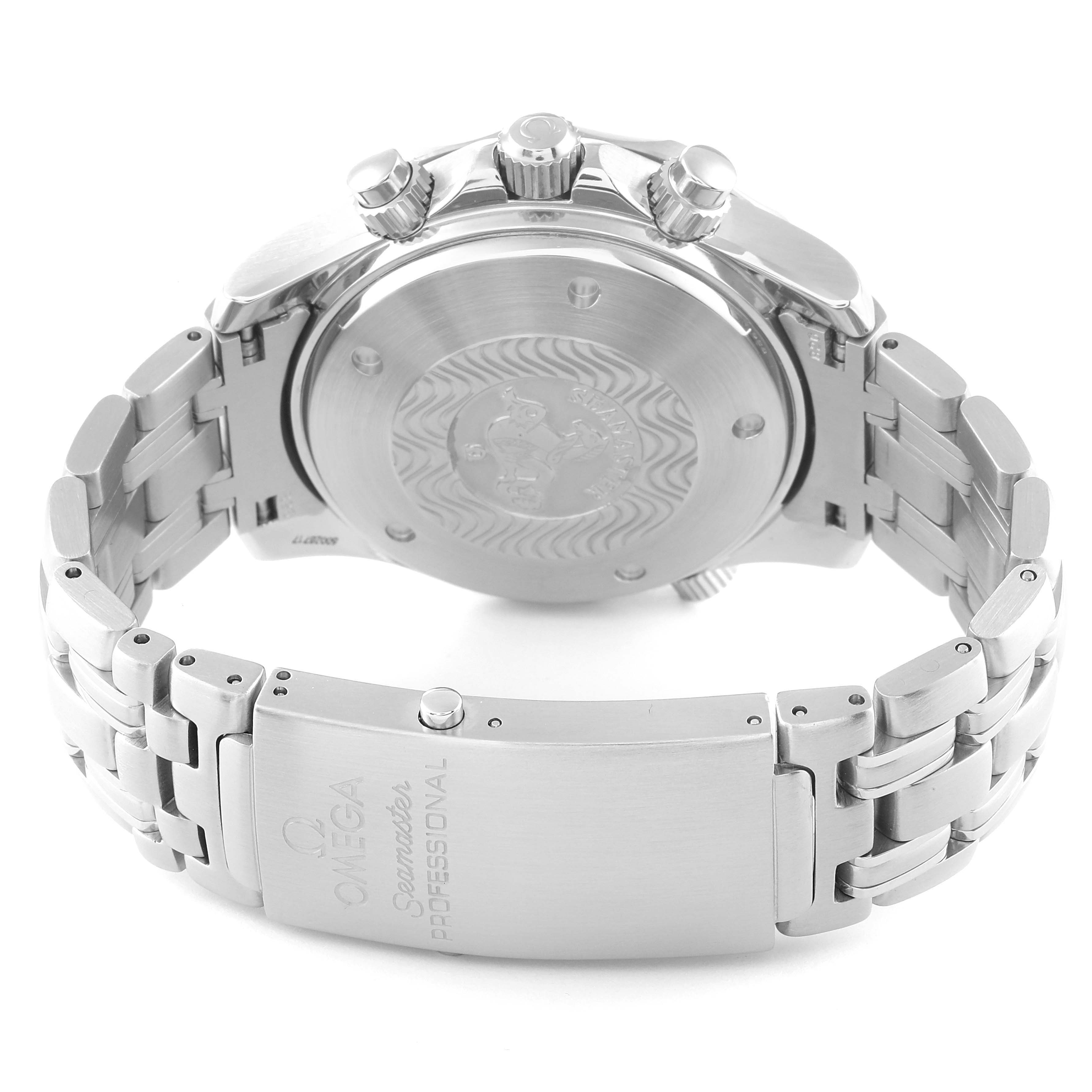 This is an Omega Seamaster 2599.80.00 Men's Stainless Steel Blue Dial 2599.80.00 Men's Stainless Steel Blue Dial watch shown from the back, detailing the case back, bracelet, and clasp.