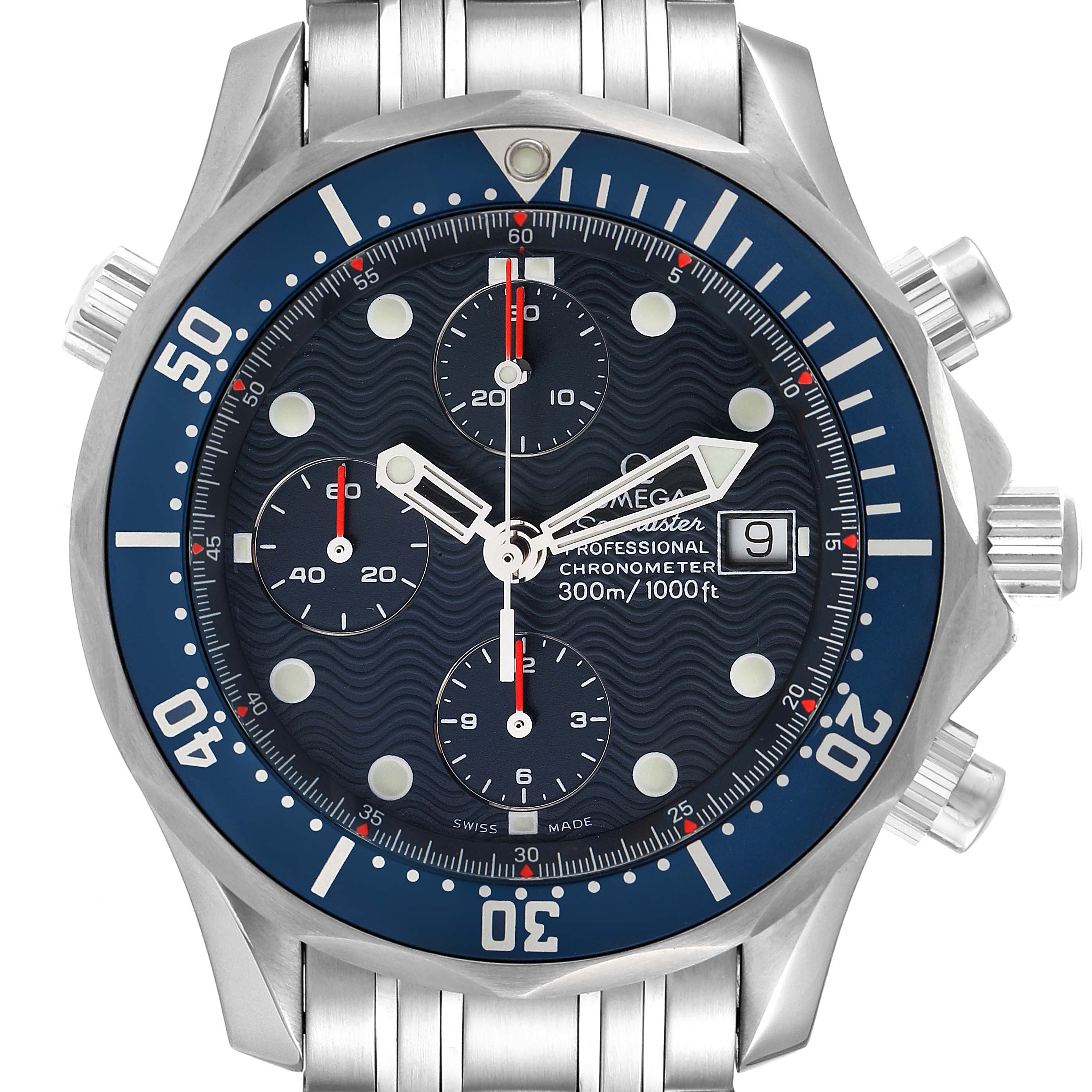 The image shows a front view of the Omega Seamaster 2599.80.00 Men's Stainless Steel Blue Dial 2599.80.00 Men's Stainless Steel Blue Dial watch, featuring its dial, bezel, and part of the stainless steel bracelet.