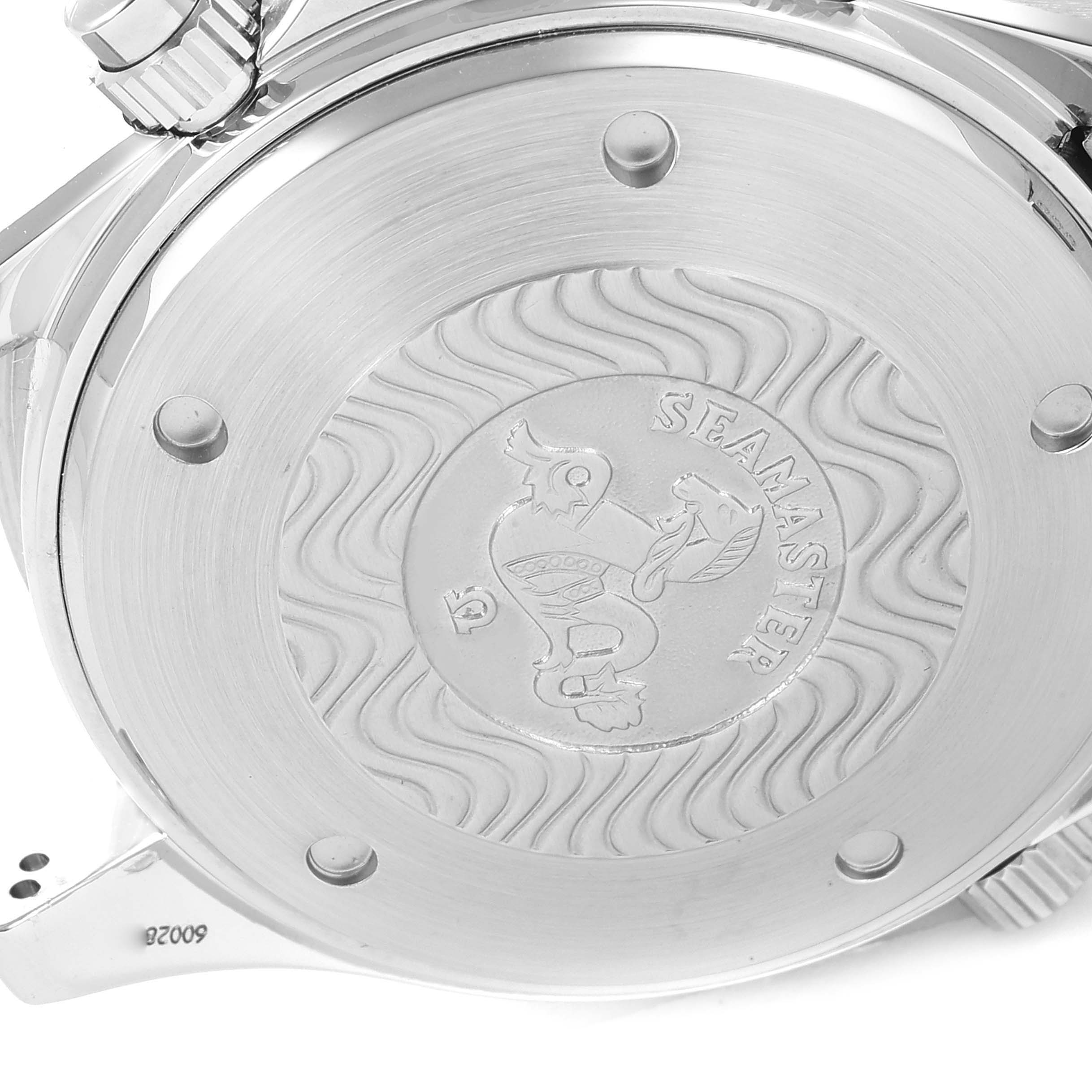 The image shows the back casing and crown of an Omega Seamaster 2599.80.00 Men's Stainless Steel Blue Dial 2599.80.00 Men's Stainless Steel Blue Dial watch from an angled side view.