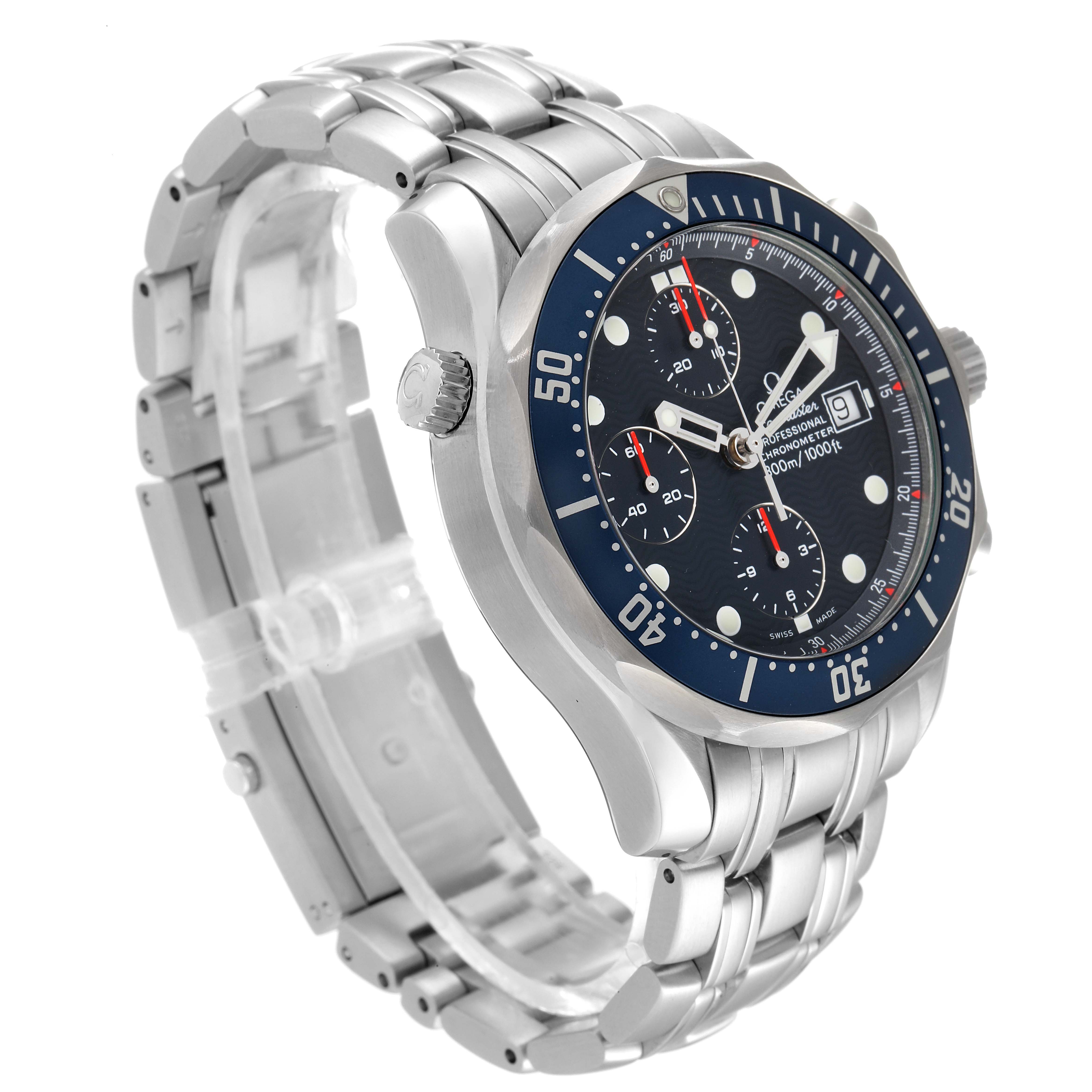 The image shows a side angle of an Omega Seamaster 2599.80.00 Men's Stainless Steel Blue Dial 2599.80.00 Men's Stainless Steel Blue Dial watch, highlighting its blue dial, chronograph features, and stainless steel bracelet.