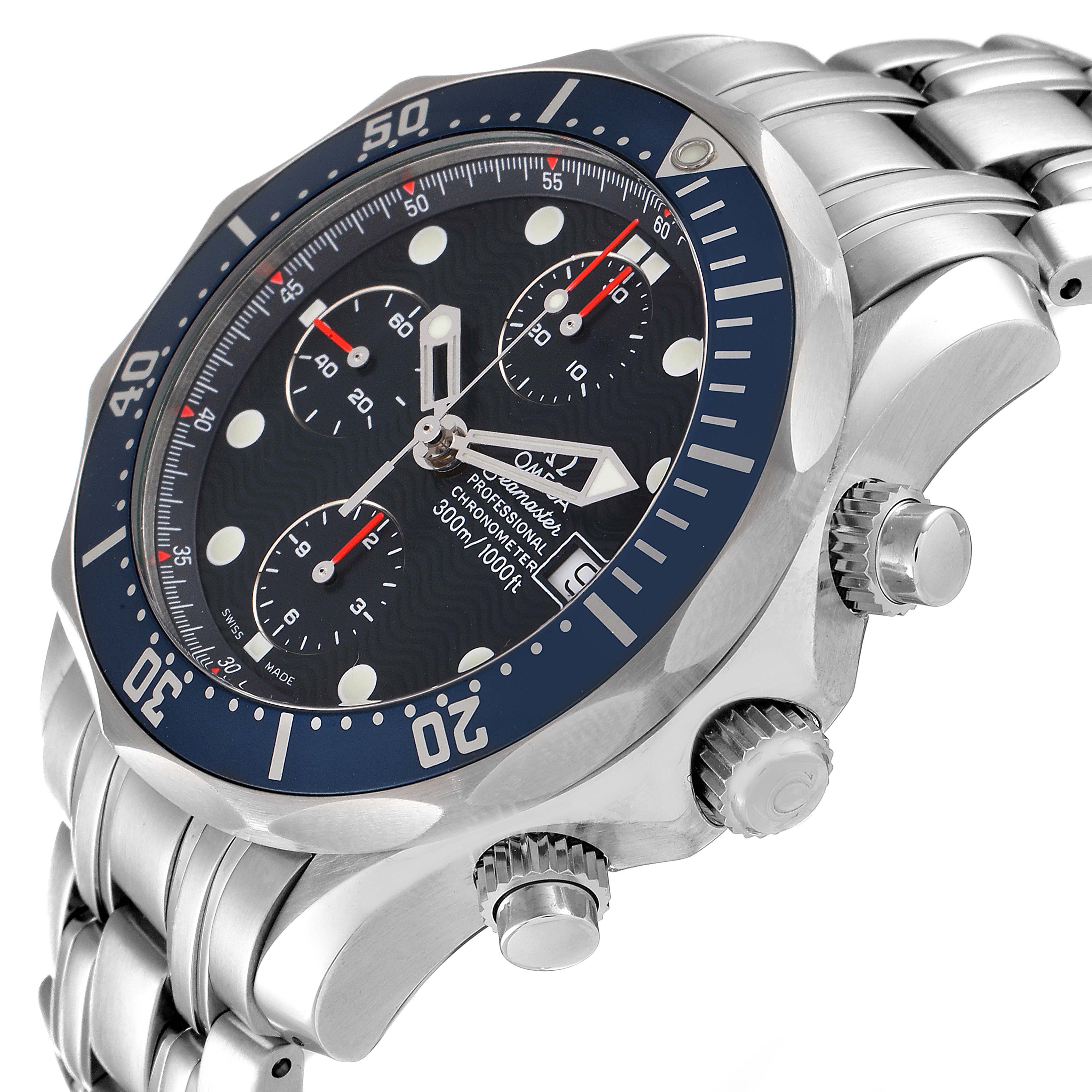 Side view of an Omega Seamaster 2599.80.00 Men's Stainless Steel Blue Dial 2599.80.00 Men's Stainless Steel Blue Dial watch showing the face, bezel, crown, pushers, and part of the metal bracelet.