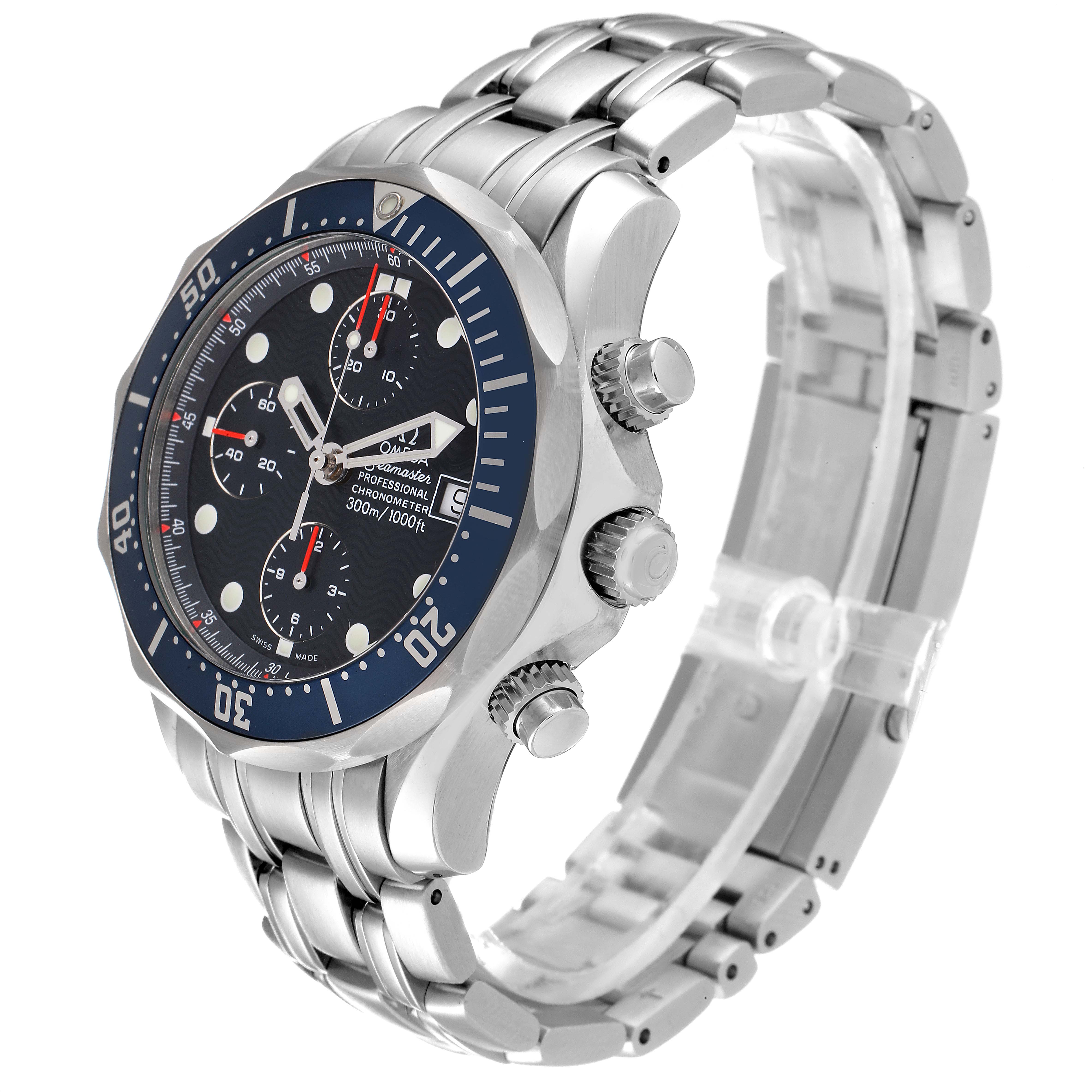 The image shows a side angle of the Omega Seamaster 2599.80.00 Men's Stainless Steel Blue Dial 2599.80.00 Men's Stainless Steel Blue Dial watch, detailing the bezel, dial, crown, and metal bracelet.