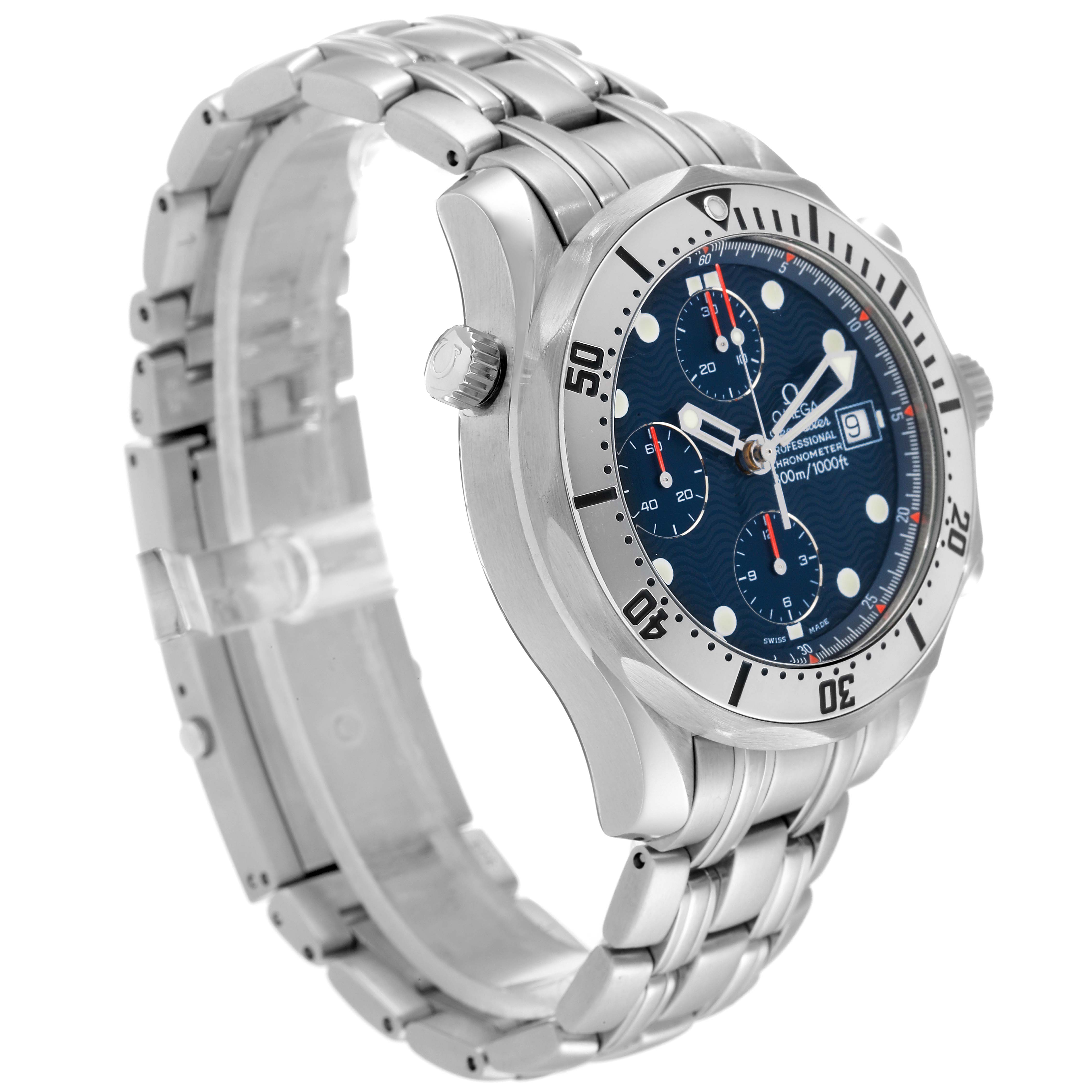 The Omega Seamaster 2598.80.00 Men's Stainless Steel Blue Dial 2598.80.00 Men's Stainless Steel Blue Dial watch is shown at a three-quarter angle, displaying the bracelet, bezel, crown, and face with subdials.