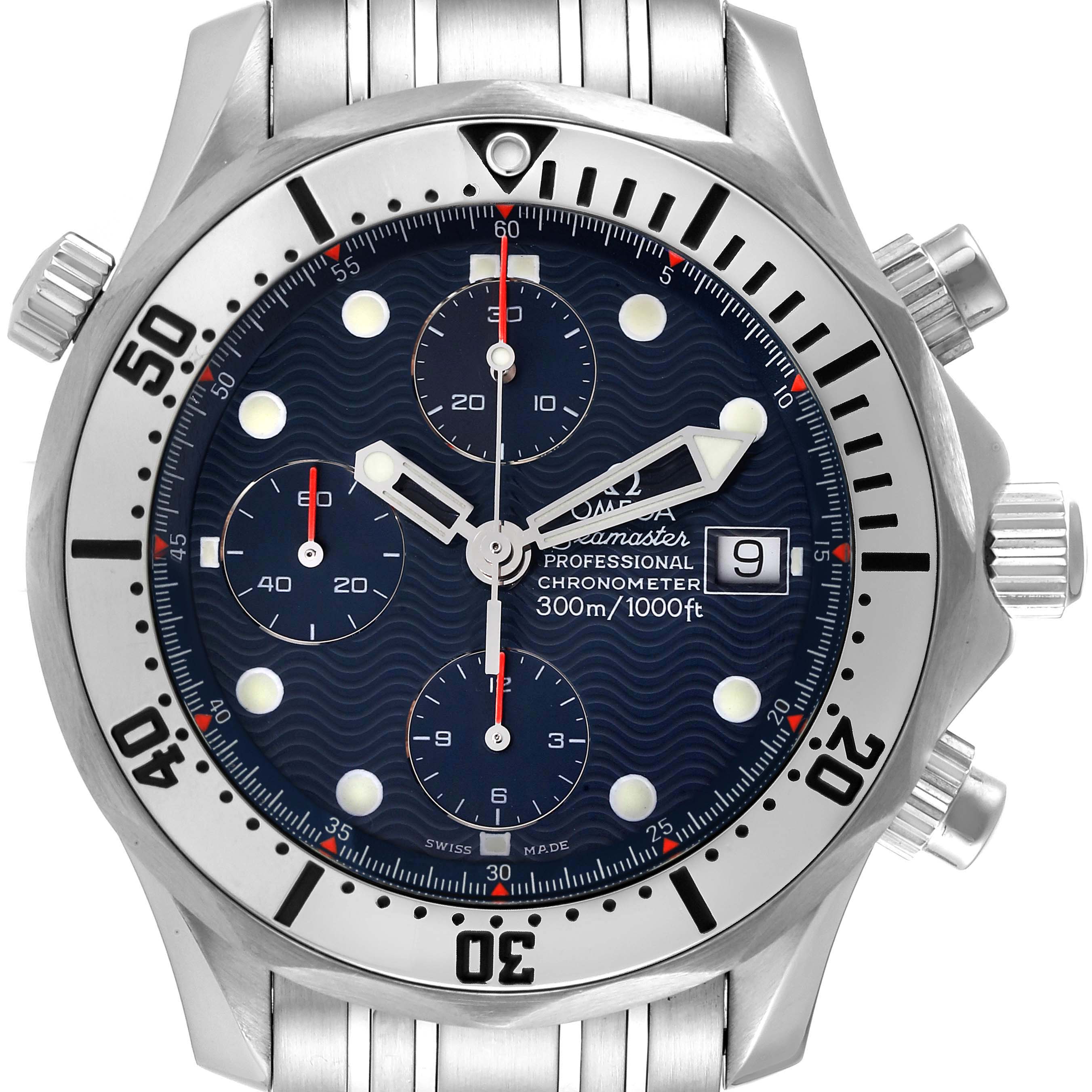 The image shows a front view of the Omega Seamaster 2598.80.00 Men's Stainless Steel Blue Dial 2598.80.00 Men's Stainless Steel Blue Dial, highlighting the dial, bezel, chronograph subdials, and date window.