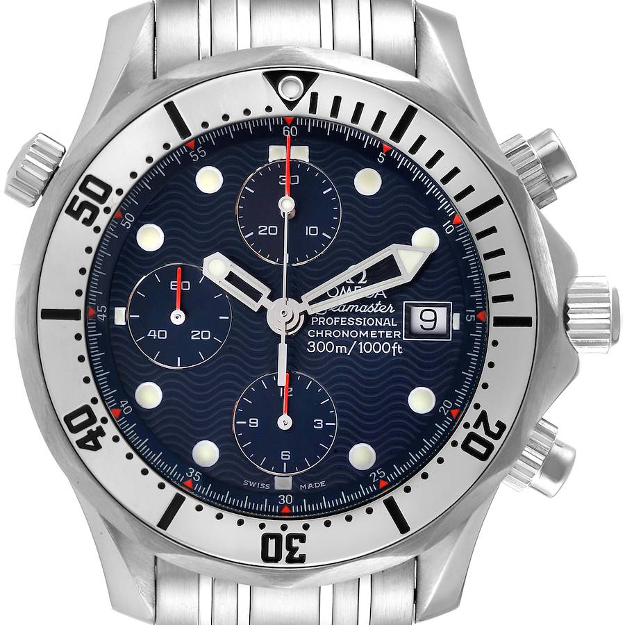 The image shows a front view of the Omega Seamaster, highlighting the dial, bezel, chronograph subdials, and date window.