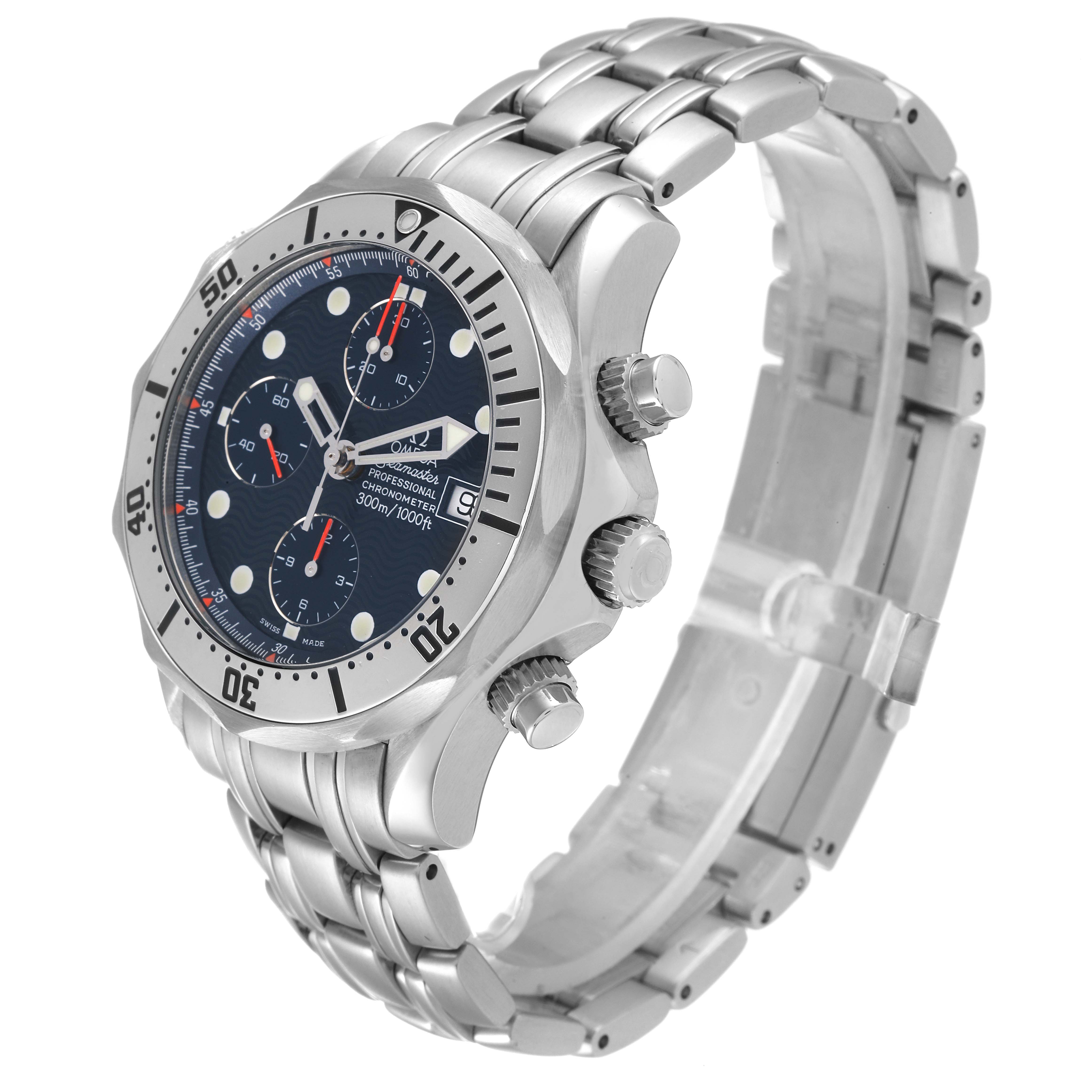 The Omega Seamaster 2598.80.00 Men's Stainless Steel Blue Dial 2598.80.00 Men's Stainless Steel Blue Dial watch is shown at a three-quarter angle, highlighting its dial, bezel, chronograph buttons, and bracelet.