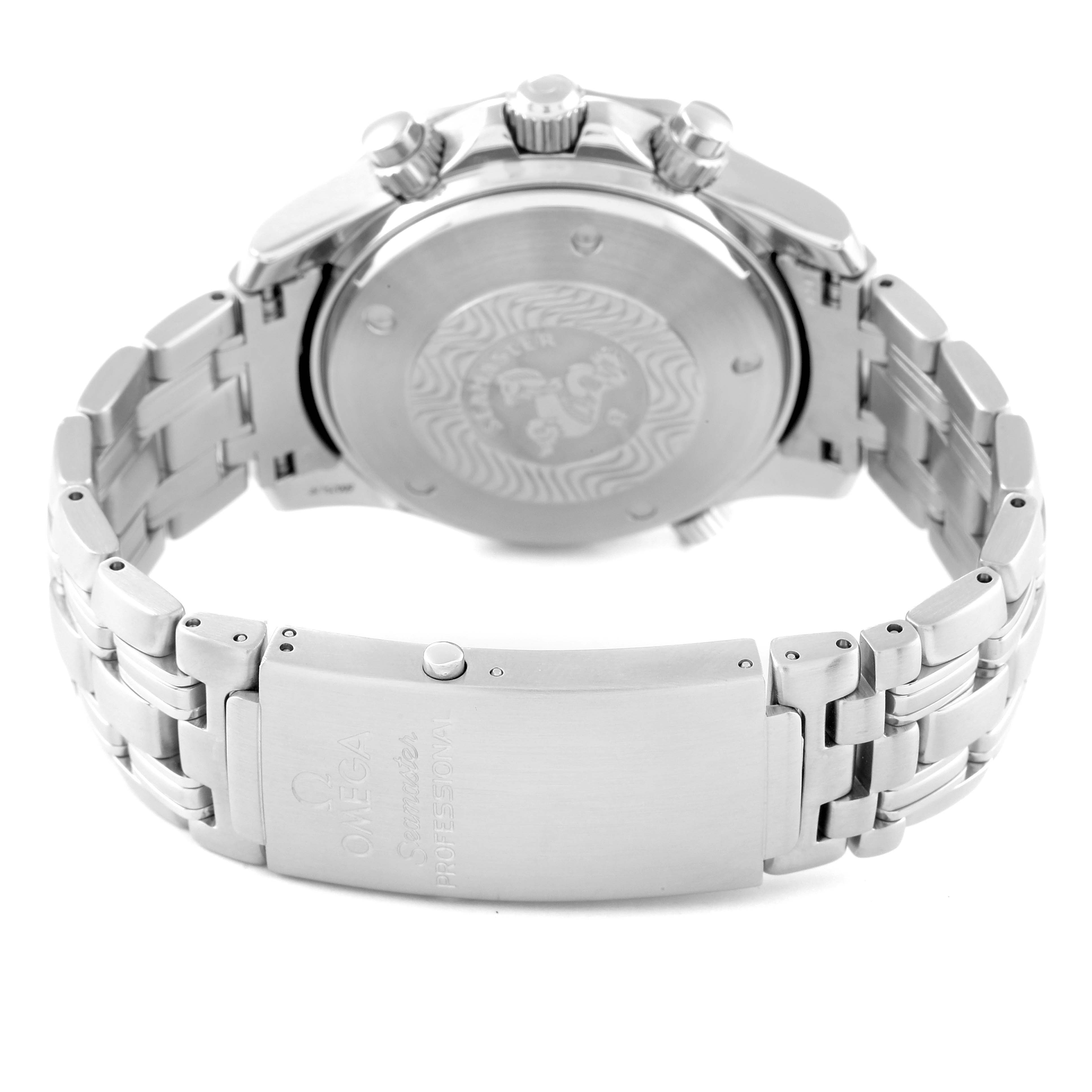 The image shows the back case and bracelet of the Omega Seamaster 2598.80.00 Men's Stainless Steel Blue Dial 2598.80.00 Men's Stainless Steel Blue Dial watch laid out, highlighting its clasp and engraved case back.