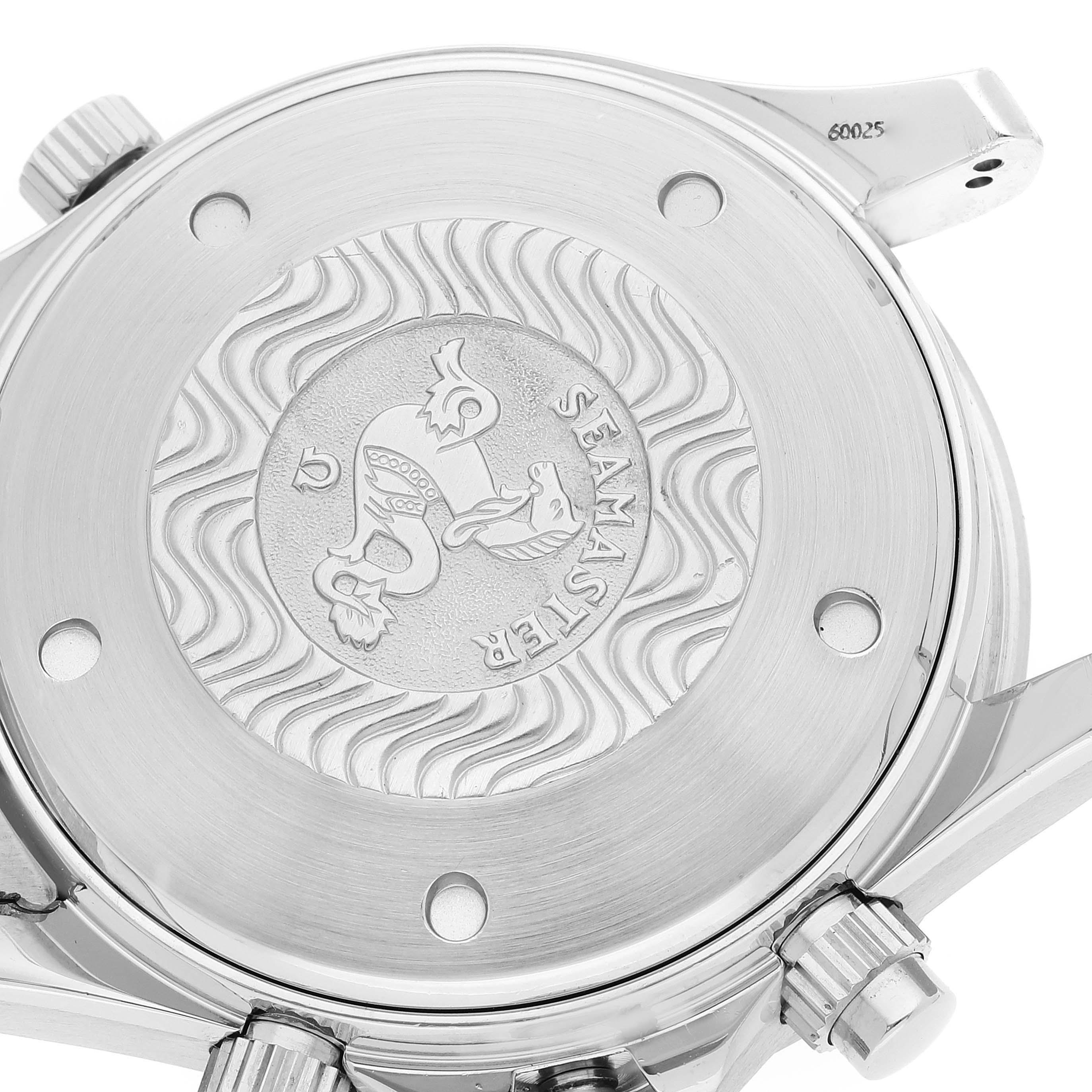 The image shows the back case of an Omega Seamaster 2598.80.00 Men's Stainless Steel Blue Dial 2598.80.00 Men's Stainless Steel Blue Dial watch, highlighting its detailed engraving and crown.