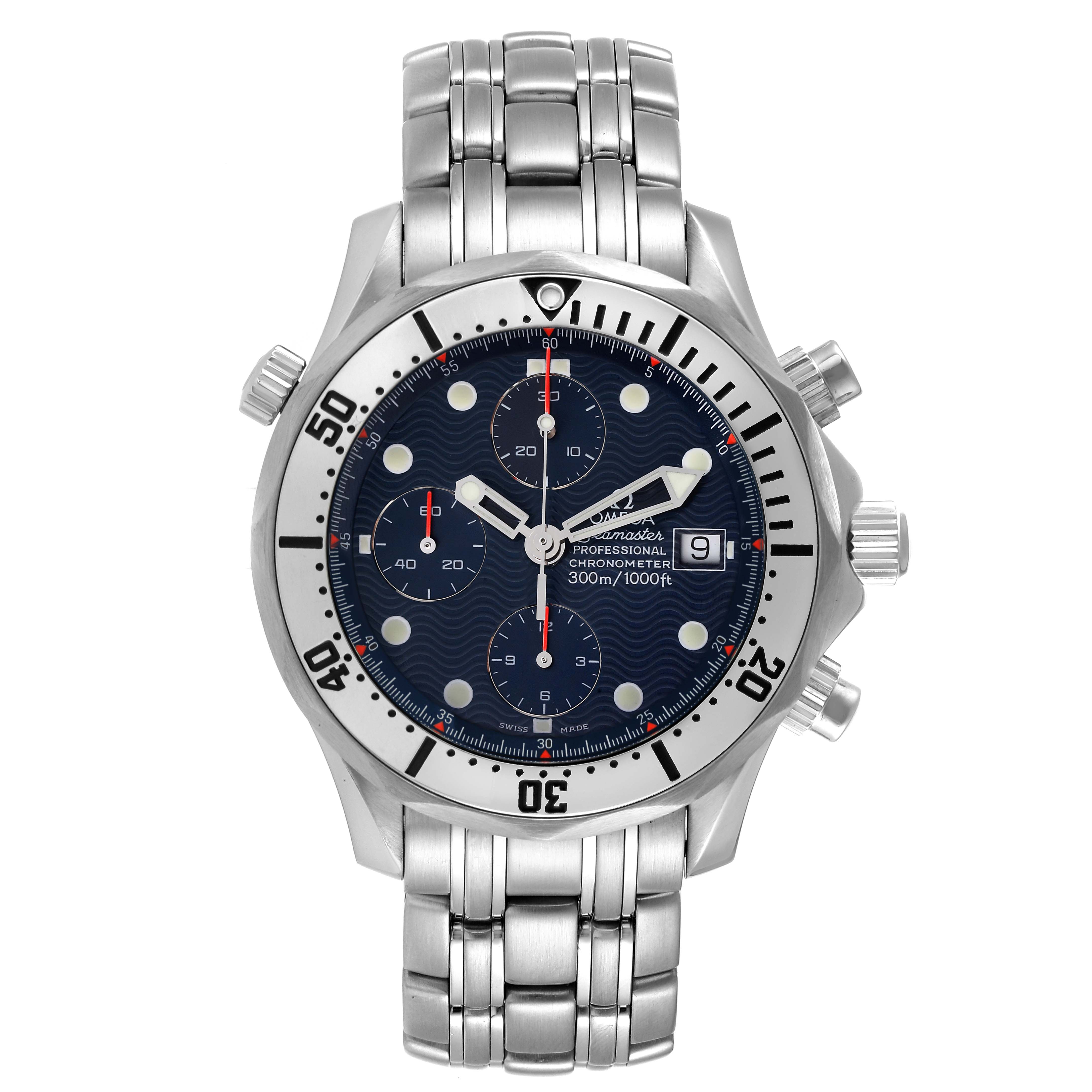 The image shows a frontal view of the Omega Seamaster 2598.80.00 Men's Stainless Steel Blue Dial 2598.80.00 Men's Stainless Steel Blue Dial watch, highlighting its face, chronograph dials, and stainless steel bracelet.
