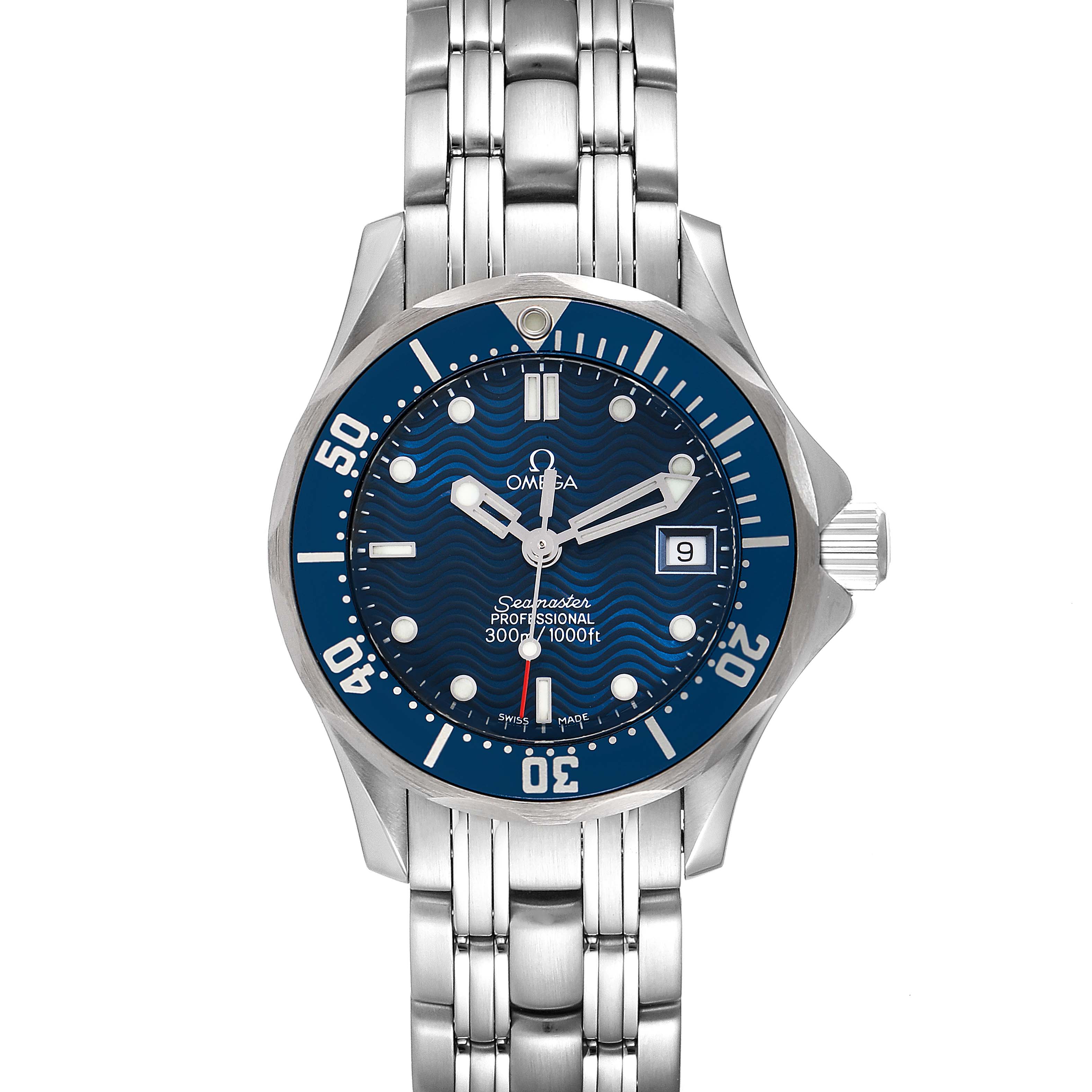 The image shows a front view of the Omega 2583.80.00 Women's Stainless Steel Blue Dial 2583.80.00 Women's Stainless Steel Blue Dial Seamaster Diver 300M 28mm Steel Ladies Watch 2583.80.00, displaying its dial, bezel, and bracelet.
