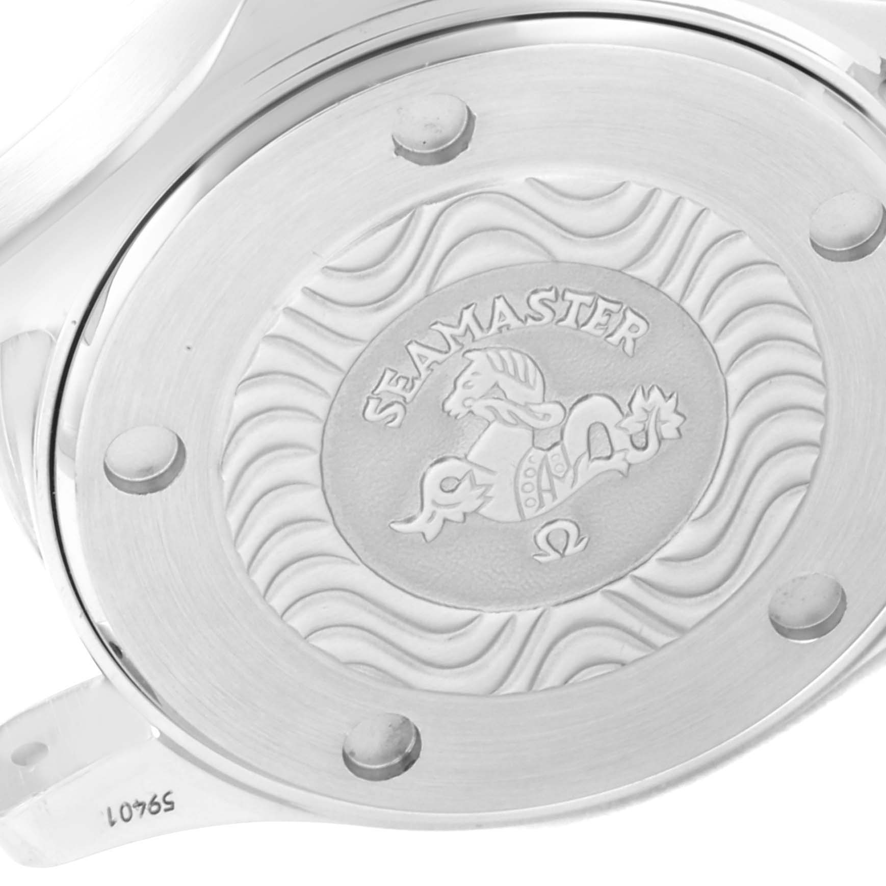 The image shows the back case of the Omega 2583.80.00 Women's Stainless Steel Blue Dial 2583.80.00 Women's Stainless Steel Blue Dial Seamaster Diver 300M 28mm Steel Ladies Watch 2583.80.00.