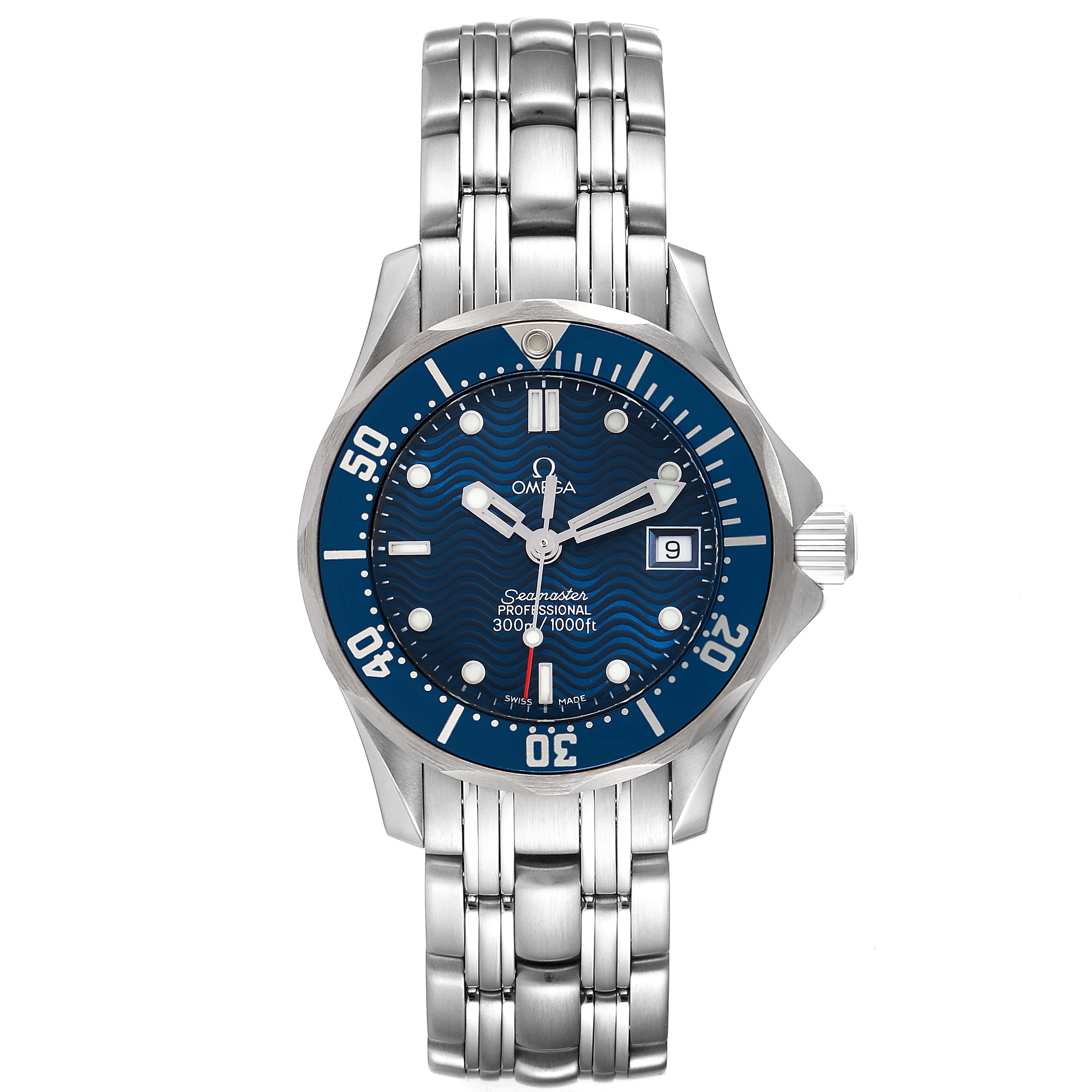 This image shows a front view of the Omega 2583.80.00 Women's Stainless Steel Blue Dial 2583.80.00 Women's Stainless Steel Blue Dial Seamaster Diver 300M 28mm Steel Ladies Watch model 2583.80.00.