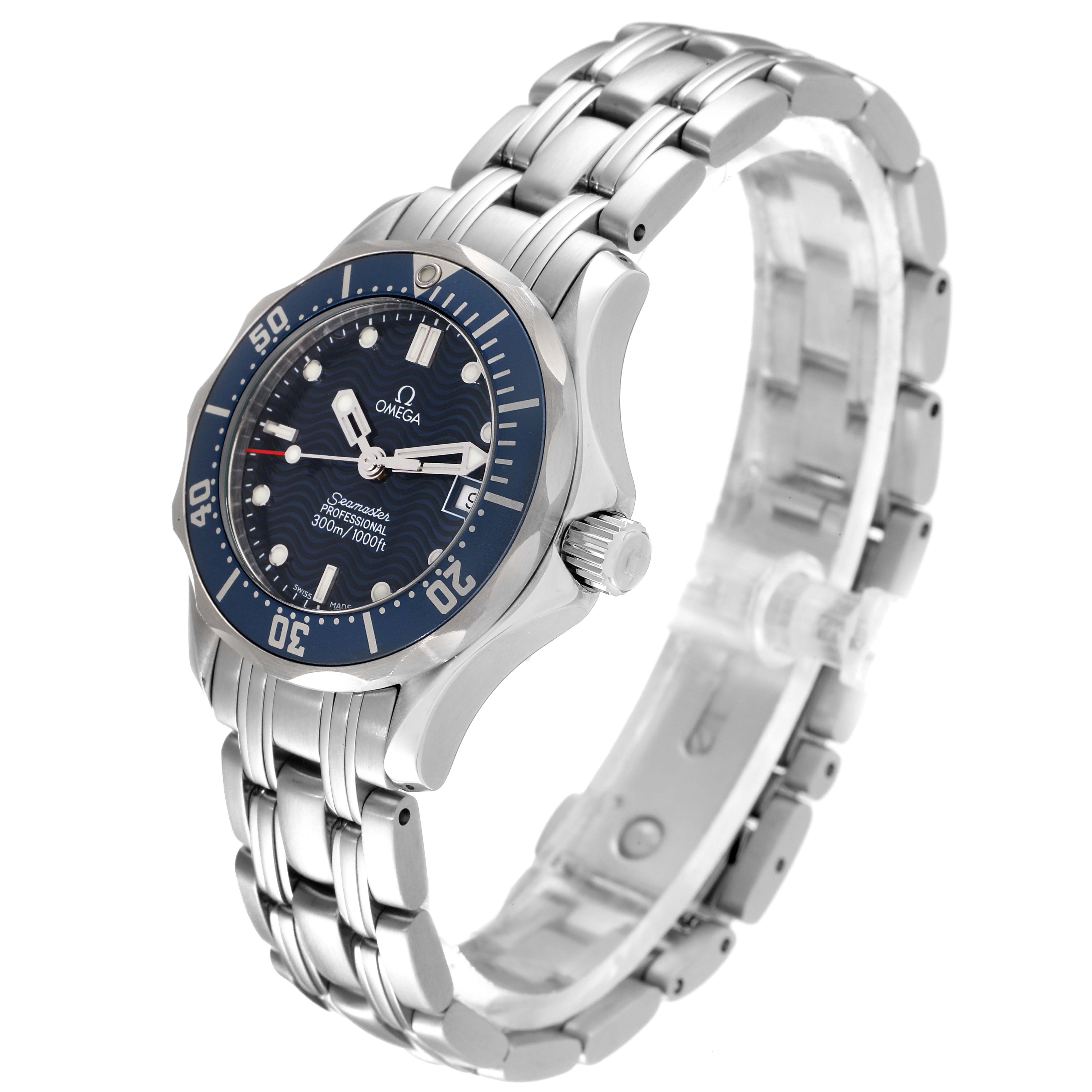 The Omega 2583.80.00 Women's Stainless Steel Blue Dial 2583.80.00 Women's Stainless Steel Blue Dial Seamaster Diver 300M 28mm Steel Ladies Watch 2583.80.00 is shown at a slight angle, highlighting the dial, bezel, crown, and bracelet.