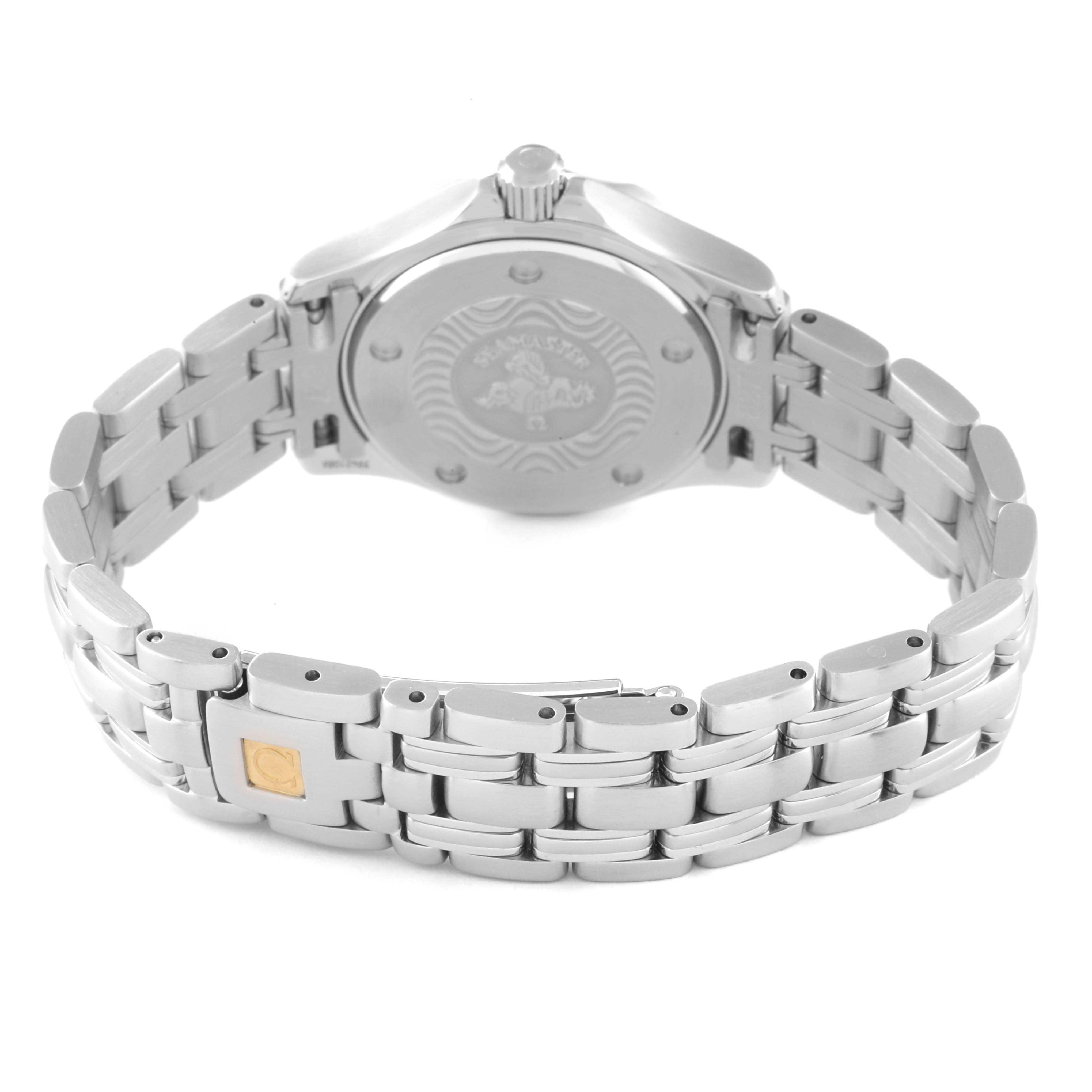 The image shows the back case and bracelet of the Omega 2583.80.00 Women's Stainless Steel Blue Dial 2583.80.00 Women's Stainless Steel Blue Dial Seamaster Diver 300M 28mm Steel Ladies Watch 2583.80.00.