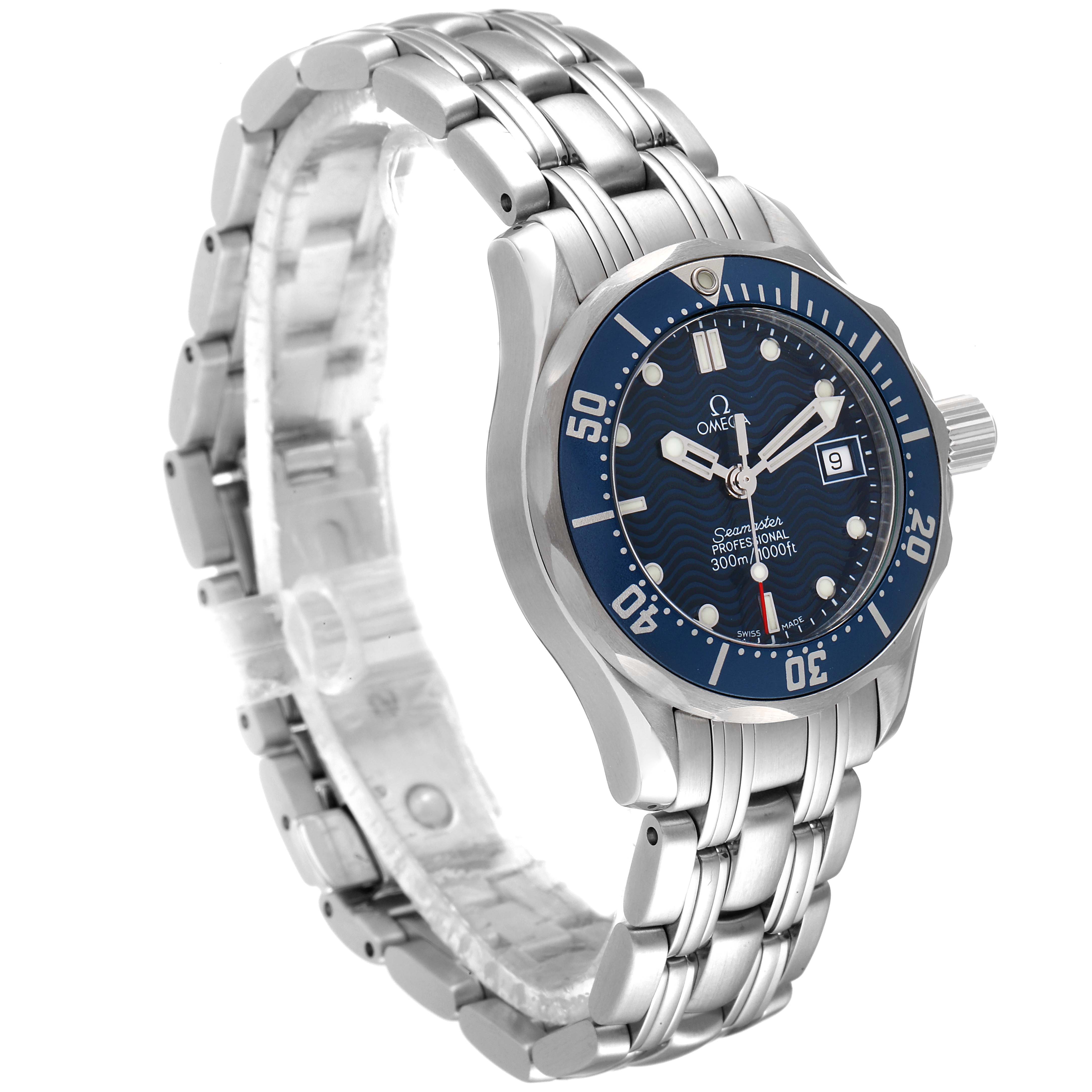 The image shows an Omega 2583.80.00 Women's Stainless Steel Blue Dial 2583.80.00 Women's Stainless Steel Blue Dial Seamaster Diver 300M 28mm Steel Ladies Watch 2583.80.00 at a three-quarter angle highlighting the dial and bracelet.