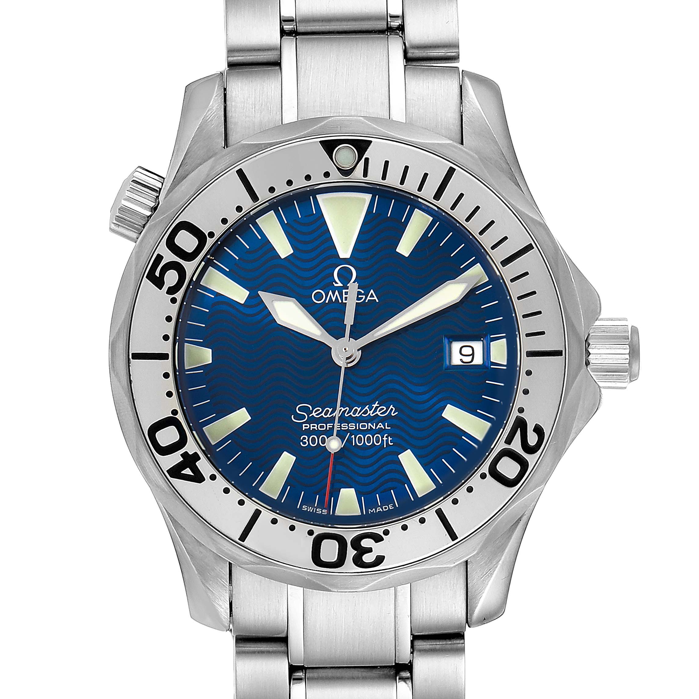 This Omega Seamaster 2263.80.00 Men's Stainless Steel Blue Dial 2263.80.00 Men's Stainless Steel Blue Dial watch is shown from the front, displaying the dial, bezel, hands, and part of the bracelet.