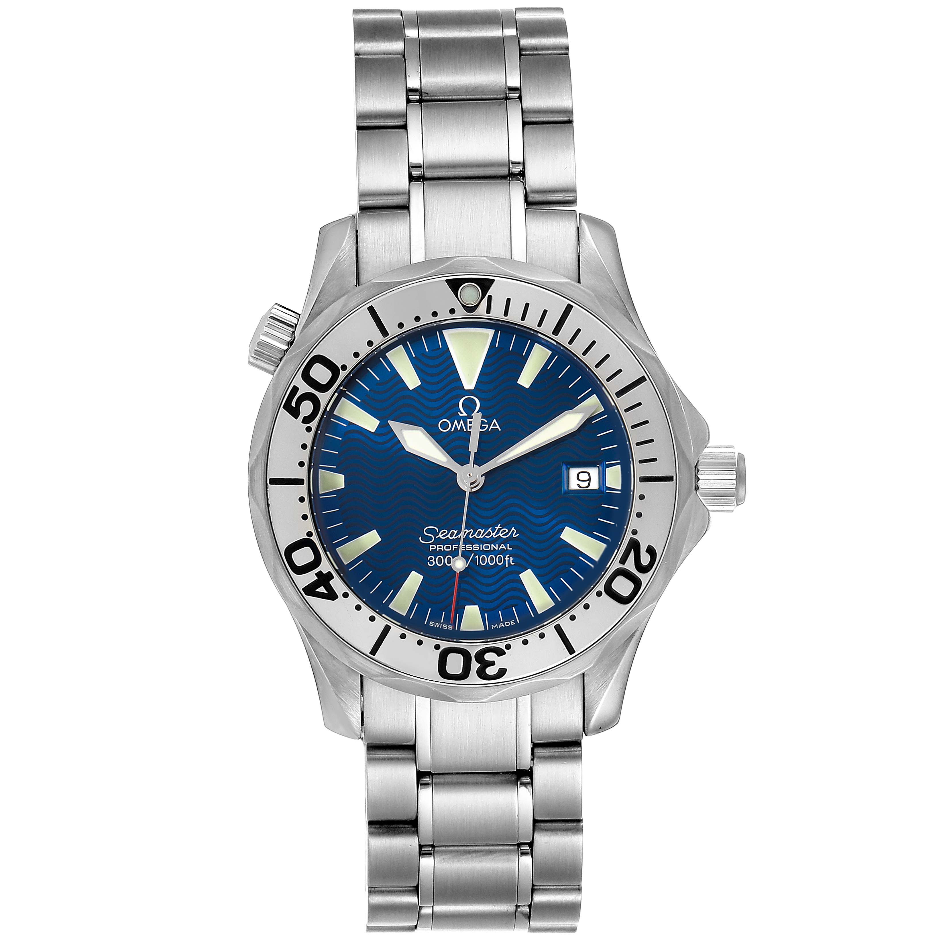 The image shows a front view of an Omega Seamaster 2263.80.00 Men's Stainless Steel Blue Dial 2263.80.00 Men's Stainless Steel Blue Dial watch, featuring its dial, bezel, crown, and stainless steel bracelet.