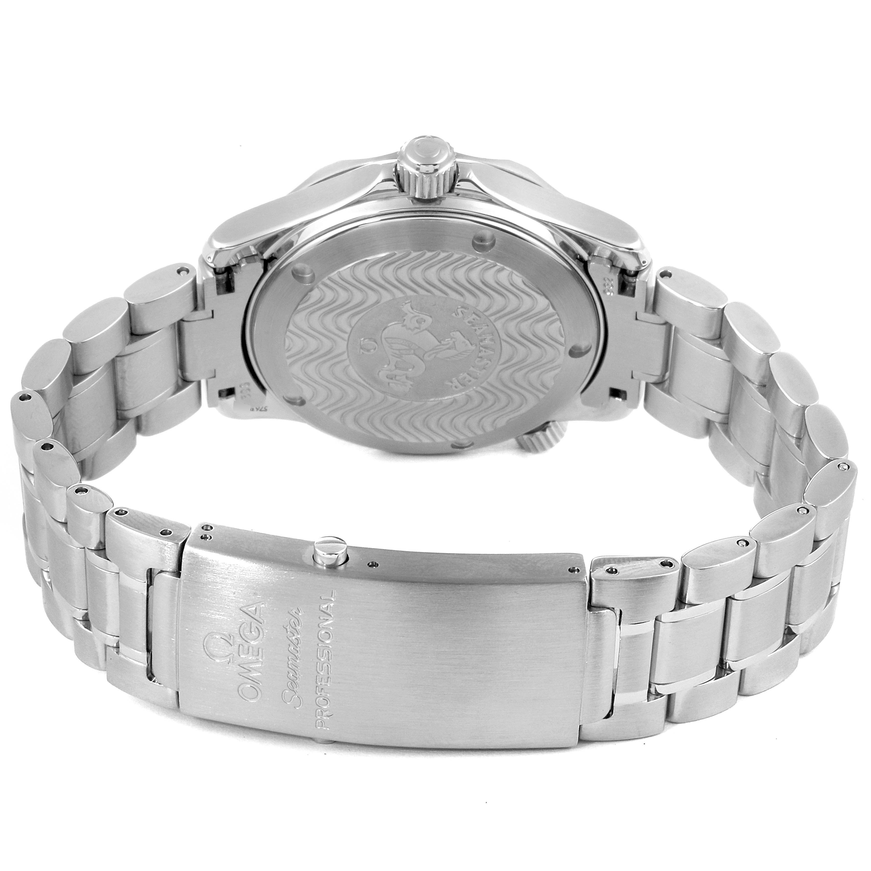 The image shows the back case and stainless steel bracelet of the Omega Seamaster 2263.80.00 Men's Stainless Steel Blue Dial 2263.80.00 Men's Stainless Steel Blue Dial watch, including the clasp with engravings.