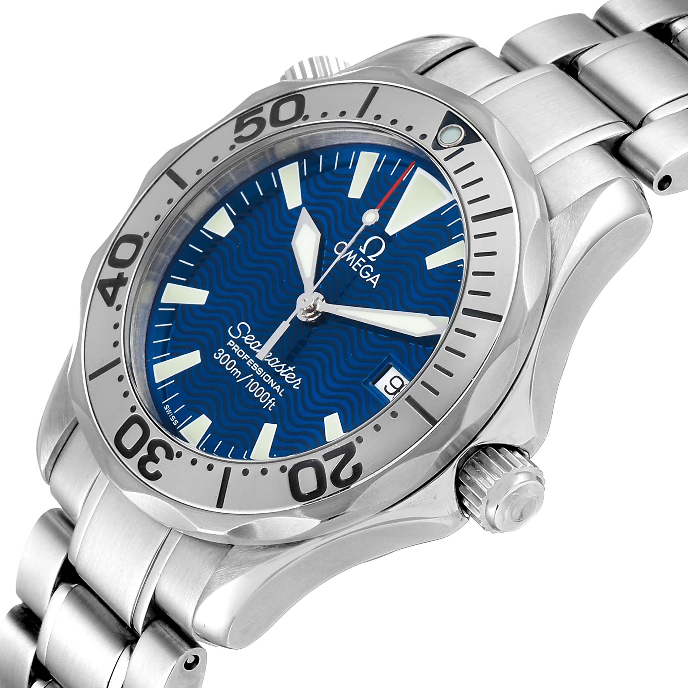The image shows an angled view of the Omega Seamaster 2263.80.00 Men's Stainless Steel Blue Dial 2263.80.00 Men's Stainless Steel Blue Dial watch, highlighting the dial, bezel, crown, and part of the stainless steel bracelet.