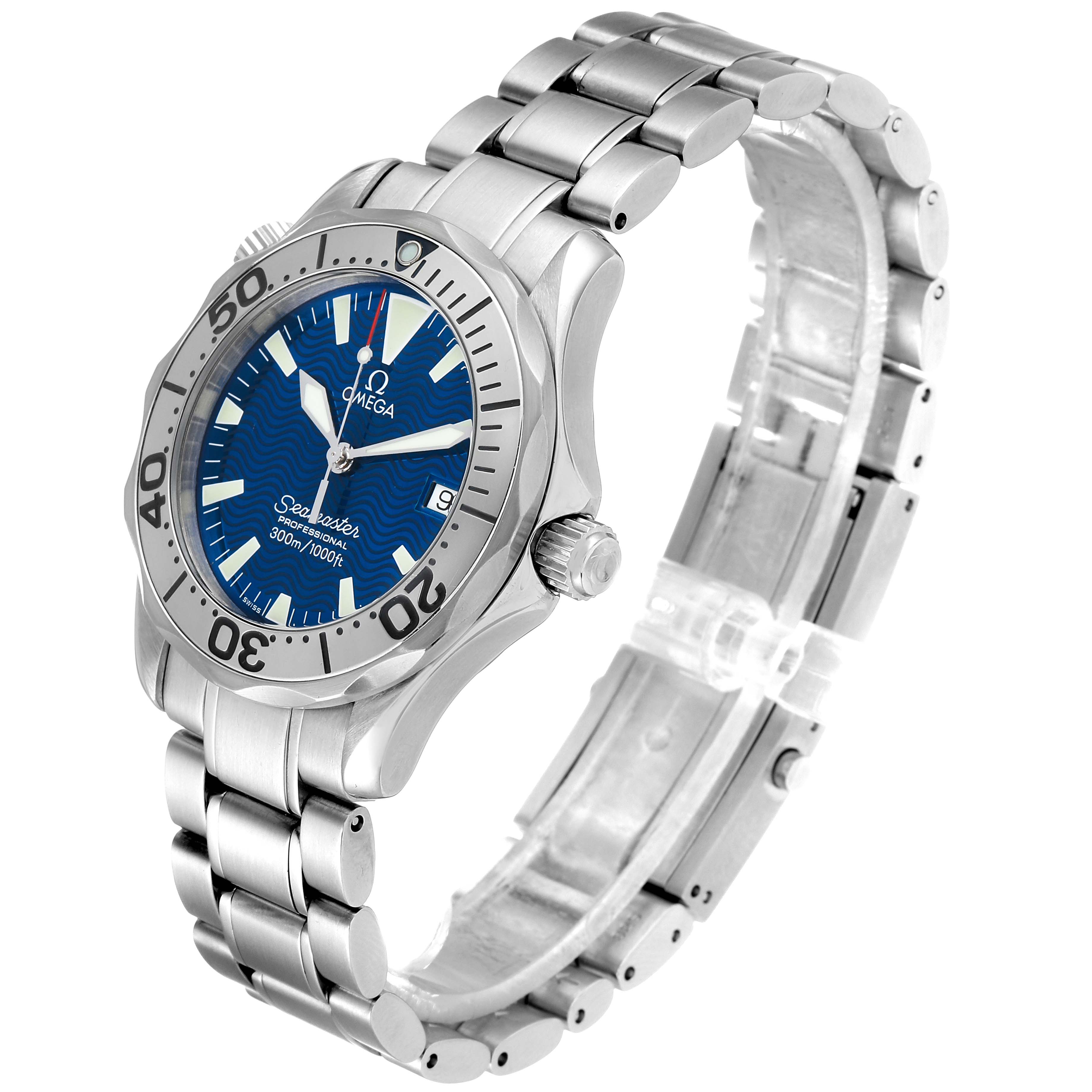 The image shows a side angle of the Omega Seamaster 2263.80.00 Men's Stainless Steel Blue Dial 2263.80.00 Men's Stainless Steel Blue Dial watch, highlighting the watch face, bezel, crown, and stainless steel bracelet.