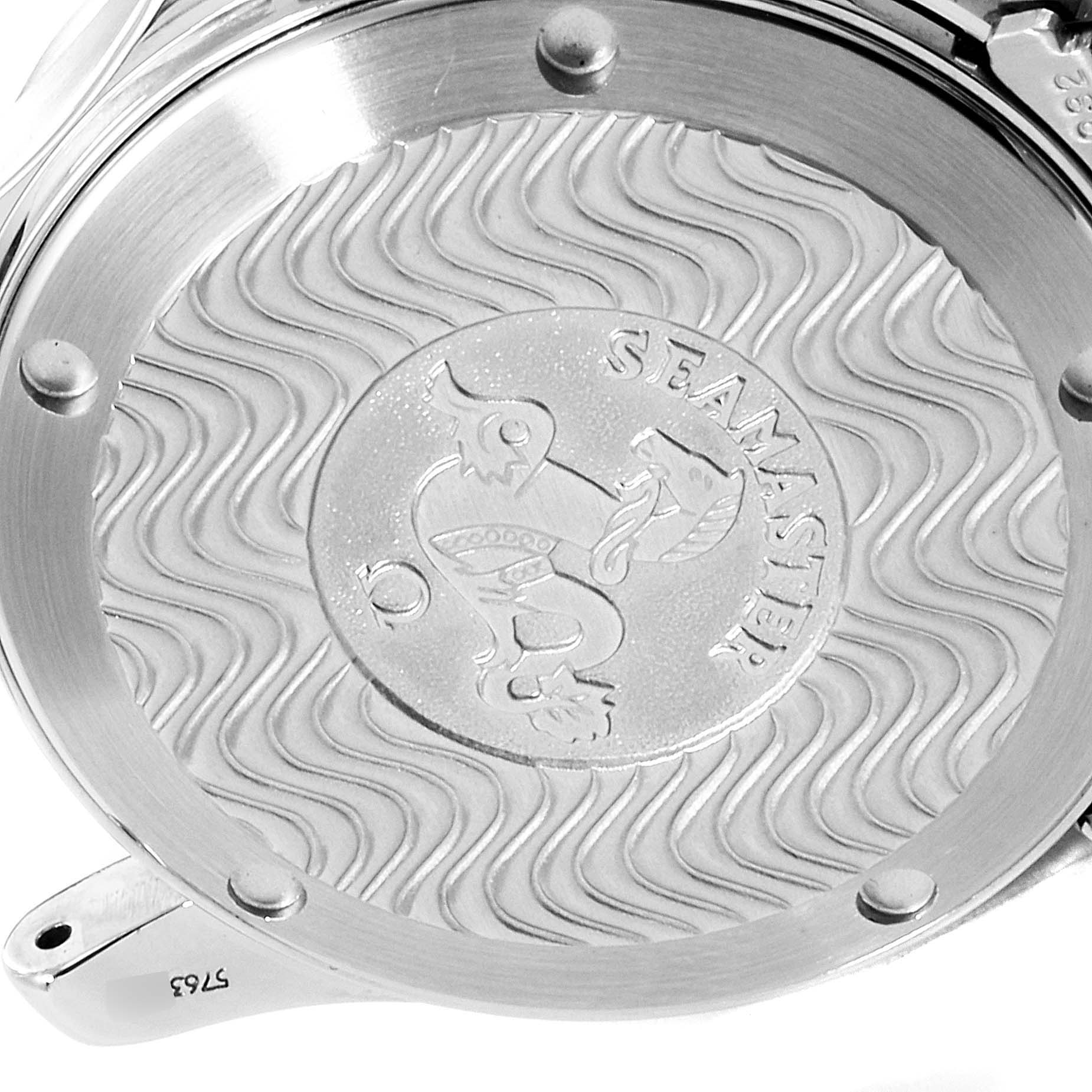 The image shows the back case of an Omega Seamaster 2263.80.00 Men's Stainless Steel Blue Dial 2263.80.00 Men's Stainless Steel Blue Dial watch with the model's logo and wave pattern.