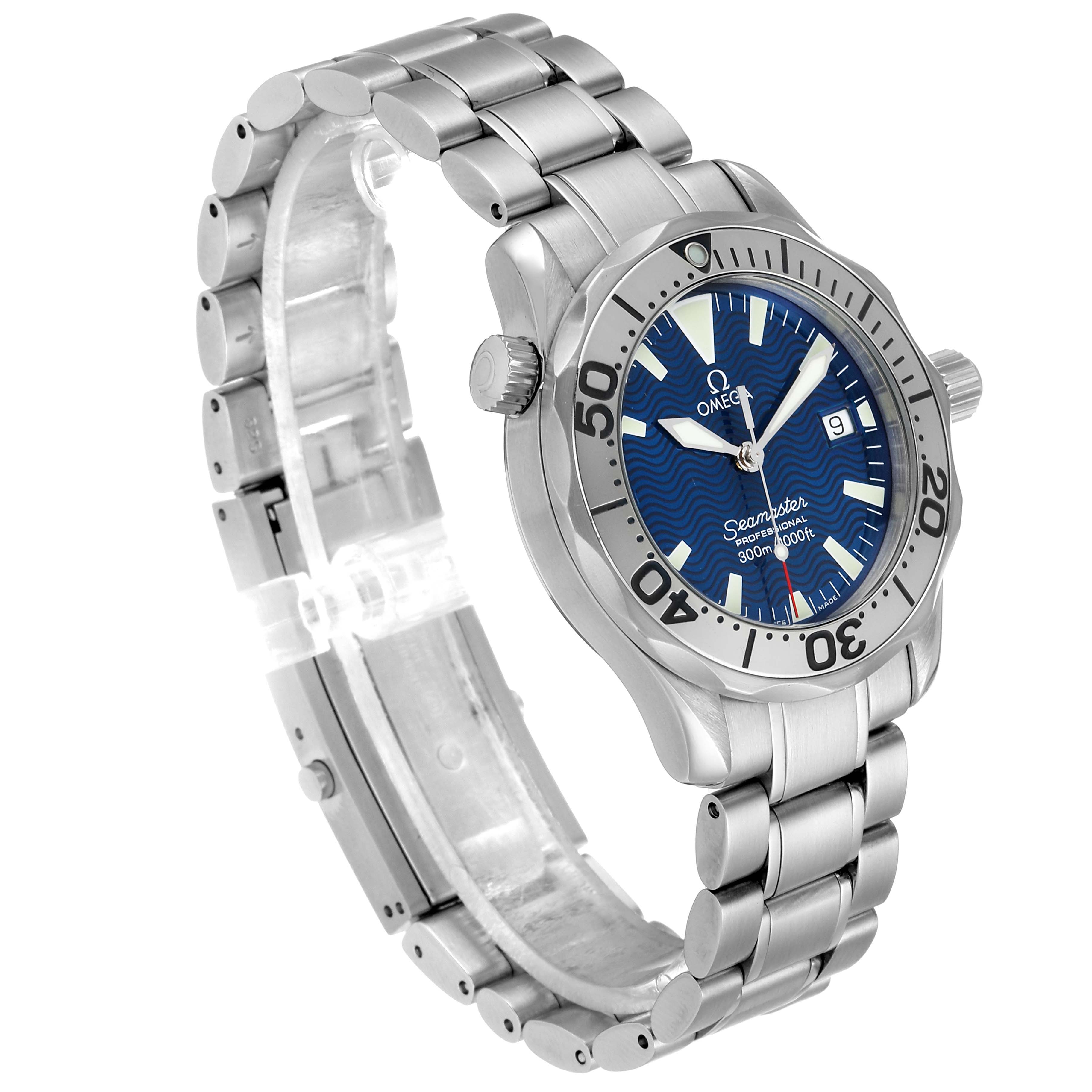 The image shows the Omega Seamaster 2263.80.00 Men's Stainless Steel Blue Dial 2263.80.00 Men's Stainless Steel Blue Dial watch at a 3/4 angle, highlighting its bezel, face, crown, and metal bracelet.