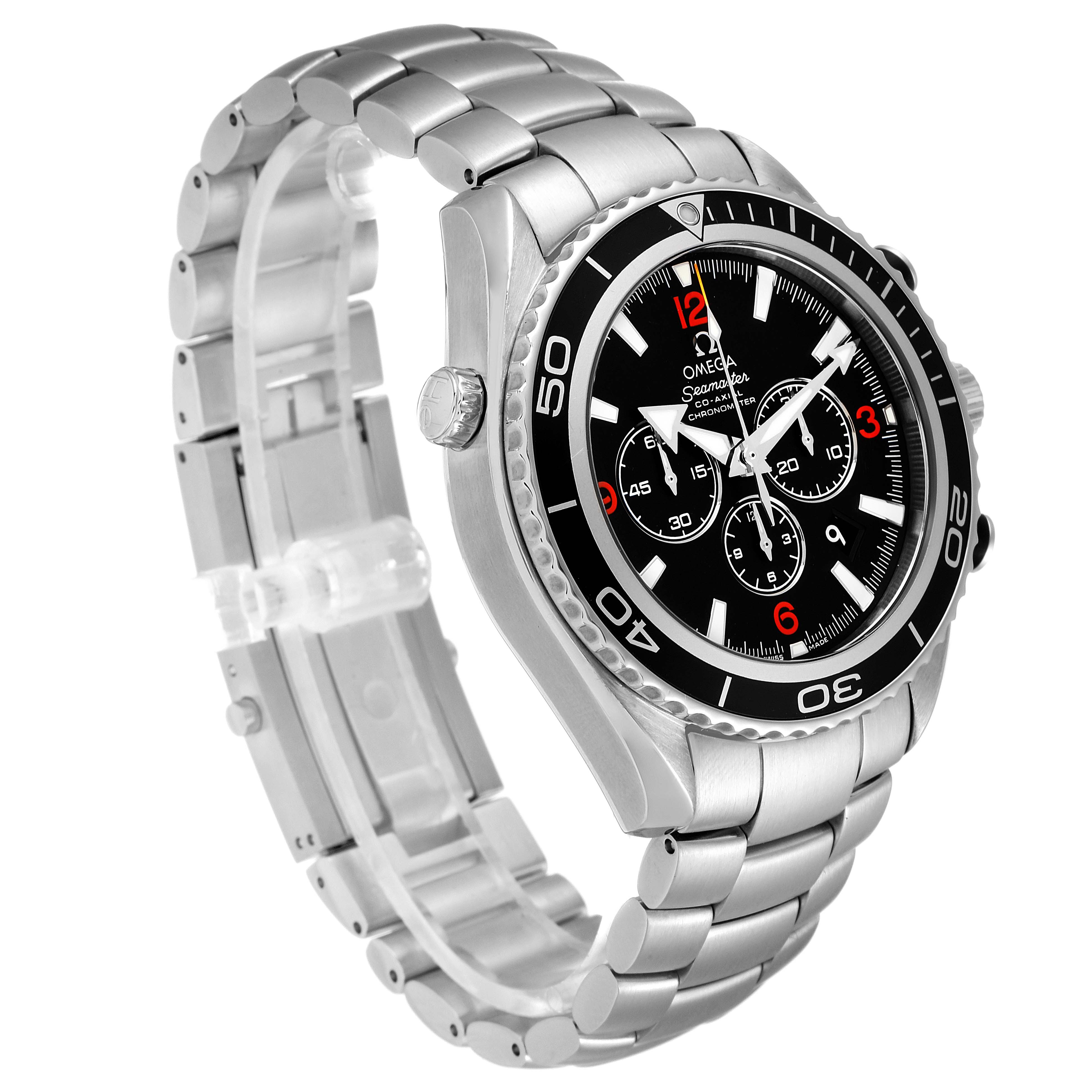 The Omega Planet Ocean 2210.51.00 Men's Stainless Steel Black Dial 2210.51.00 Men's Stainless Steel Black Dial watch is shown at a three-quarters angle, displaying its face, bezel, case, crown, and bracelet.