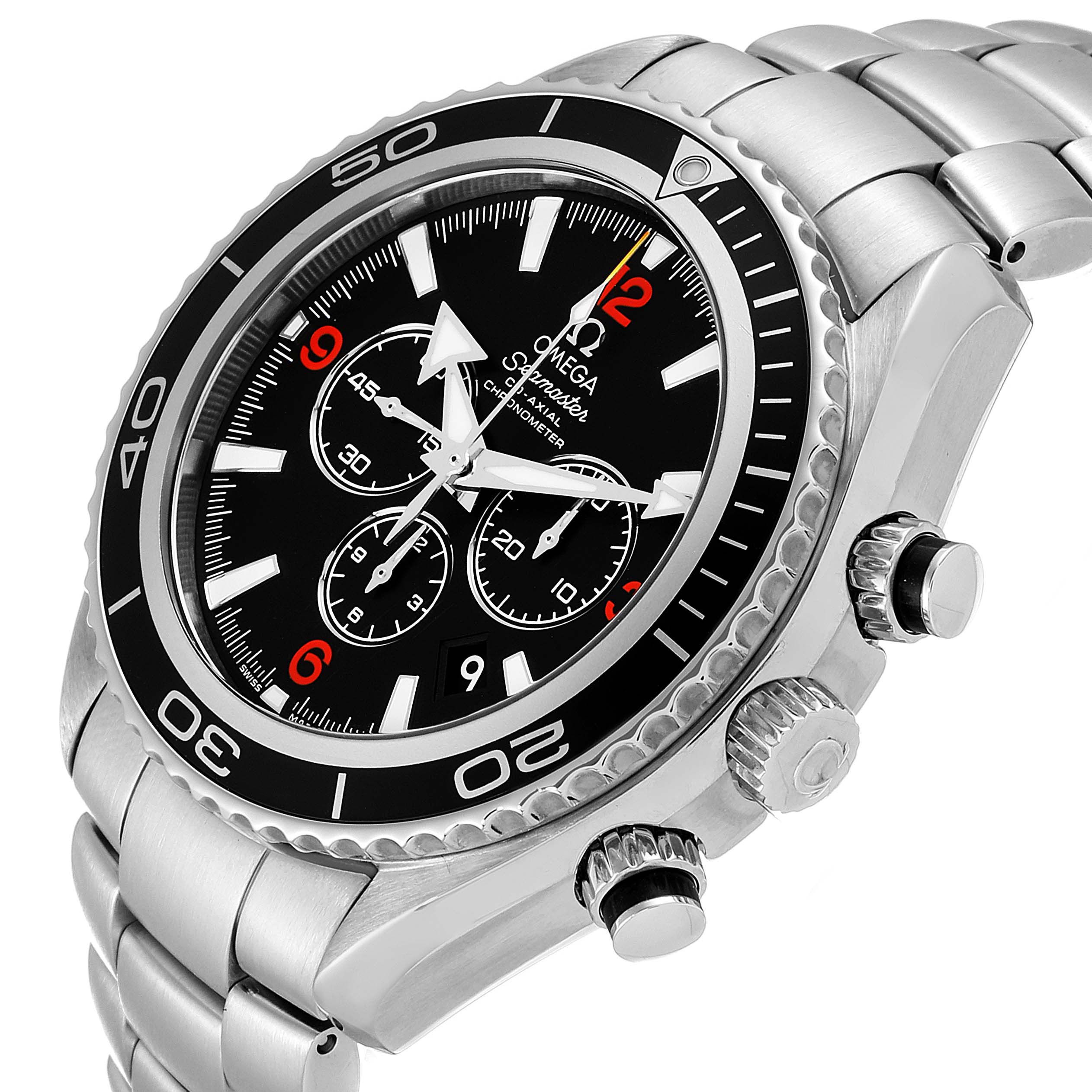 The image shows the Omega Planet Ocean 2210.51.00 Men's Stainless Steel Black Dial 2210.51.00 Men's Stainless Steel Black Dial watch at a three-quarter angle, highlighting the bezel, dial, crown, and bracelet.