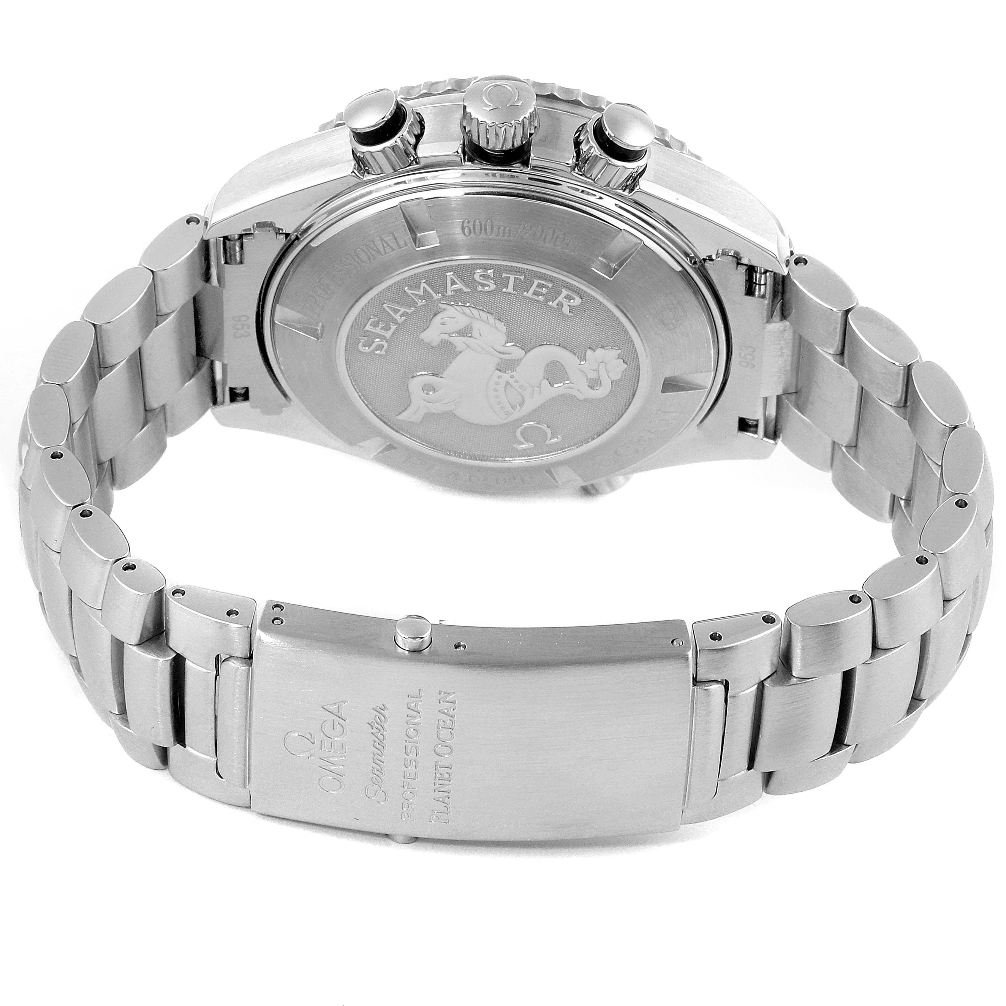 The Omega Planet Ocean 2210.51.00 Men's Stainless Steel Black Dial 2210.51.00 Men's Stainless Steel Black Dial watch is shown from the back, highlighting its metal bracelet, clasp, and case back.