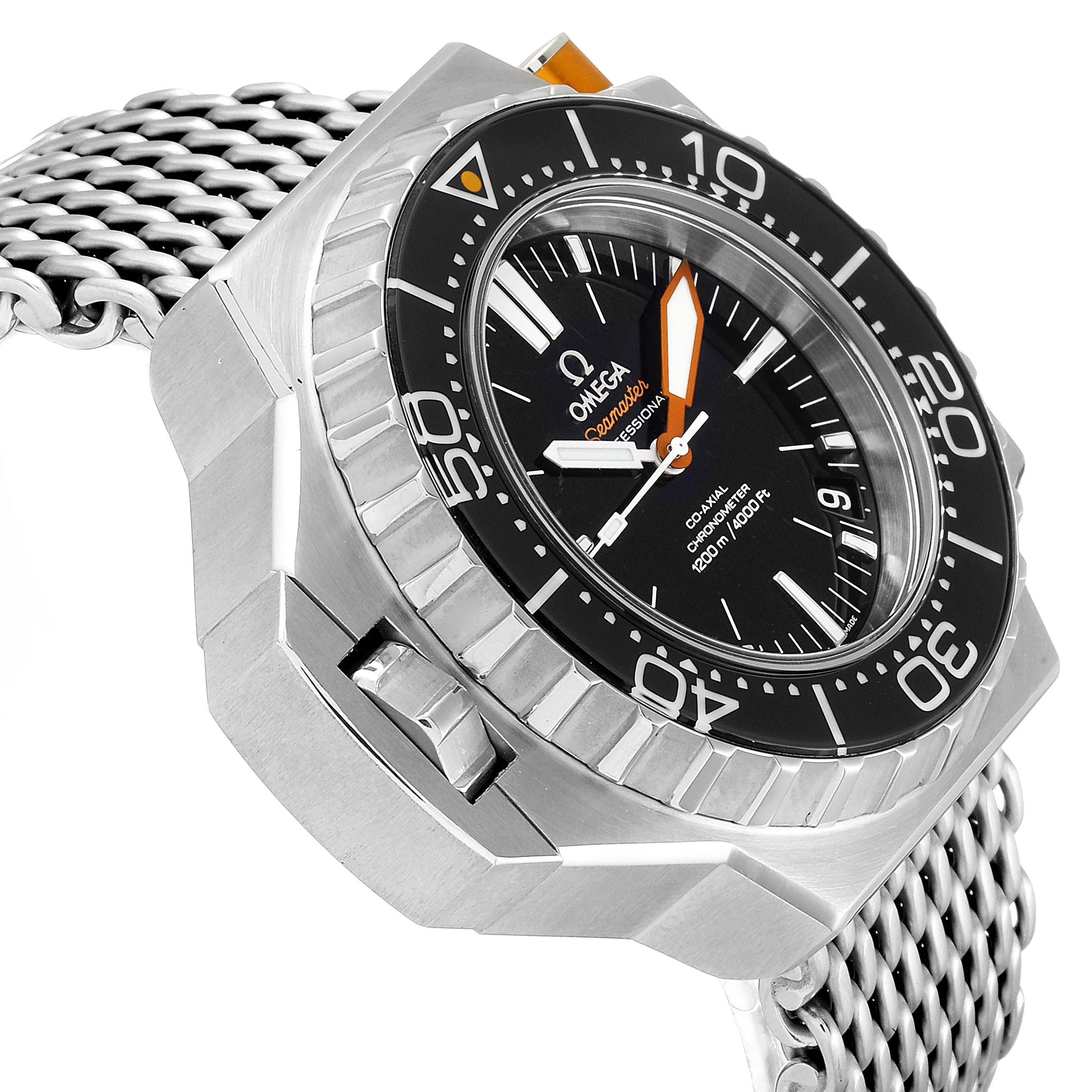 The image shows a side angle of the Omega Ploprof 224.30.55.21.01.001 Men's Stainless Steel Black Dial 224.30.55.21.01.001 Men's Stainless Steel Black Dial watch, highlighting the bezel, dial, and metal mesh bracelet.