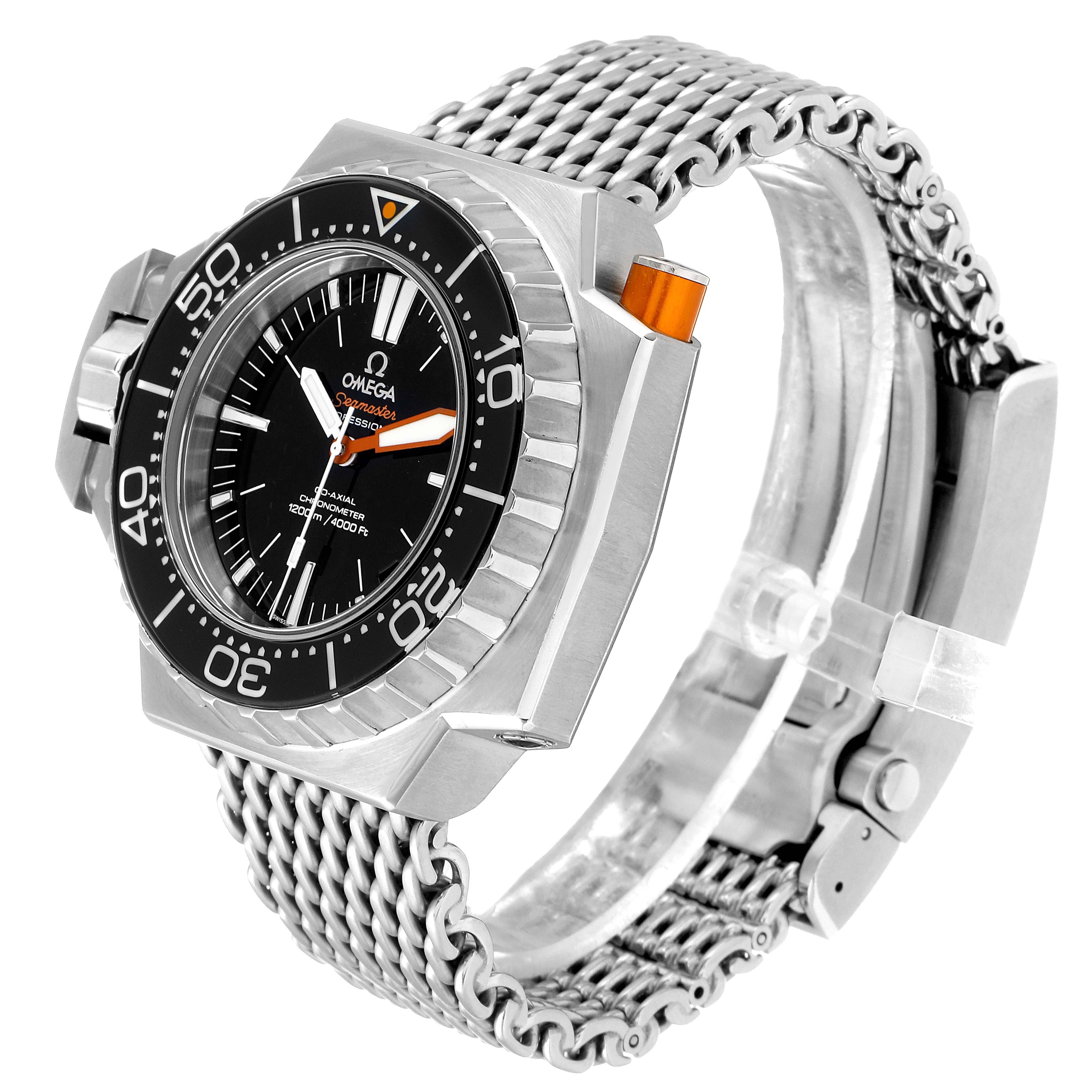 The image shows the Omega Ploprof 224.30.55.21.01.001 Men's Stainless Steel Black Dial 224.30.55.21.01.001 Men's Stainless Steel Black Dial watch at a slight side angle, highlighting its face, bezel, crown, and mesh bracelet.