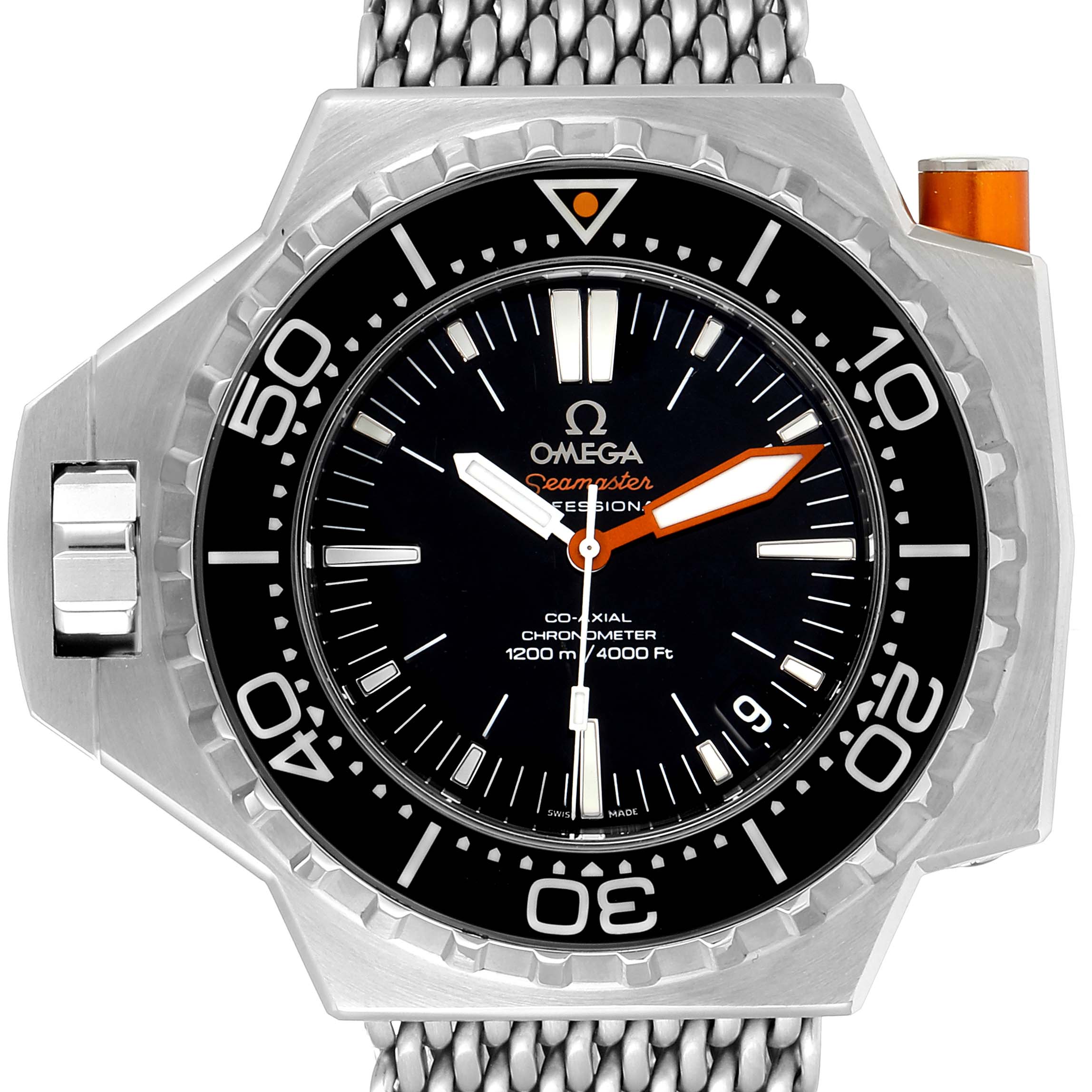 The image shows a front view of the Omega Seamaster Ploprof watch, highlighting the bezel, dial, and mesh bracelet.