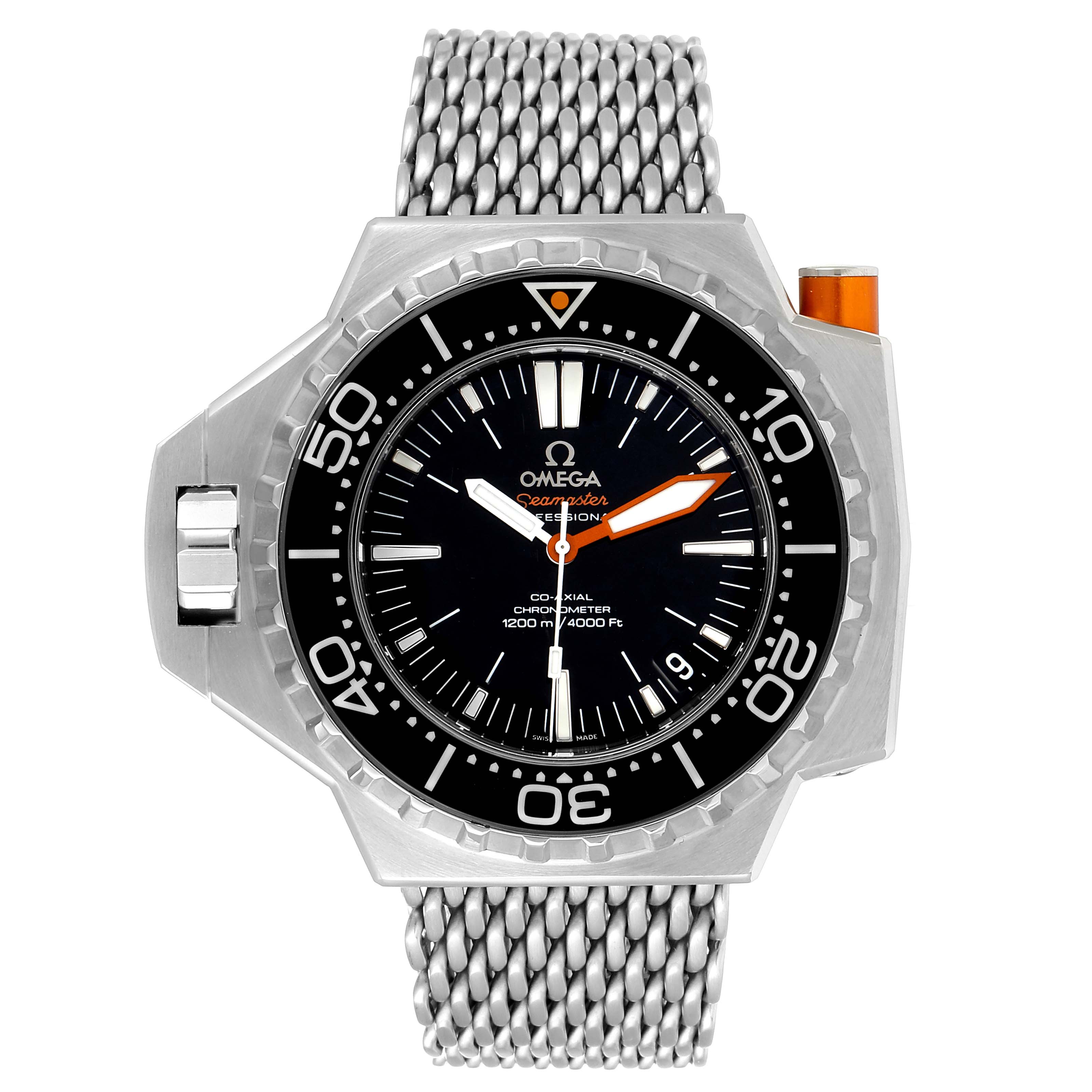 The Omega Ploprof 224.30.55.21.01.001 Men's Stainless Steel Black Dial 224.30.55.21.01.001 Men's Stainless Steel Black Dial watch is shown from the front angle, highlighting its dial, bezel, and metal mesh bracelet.