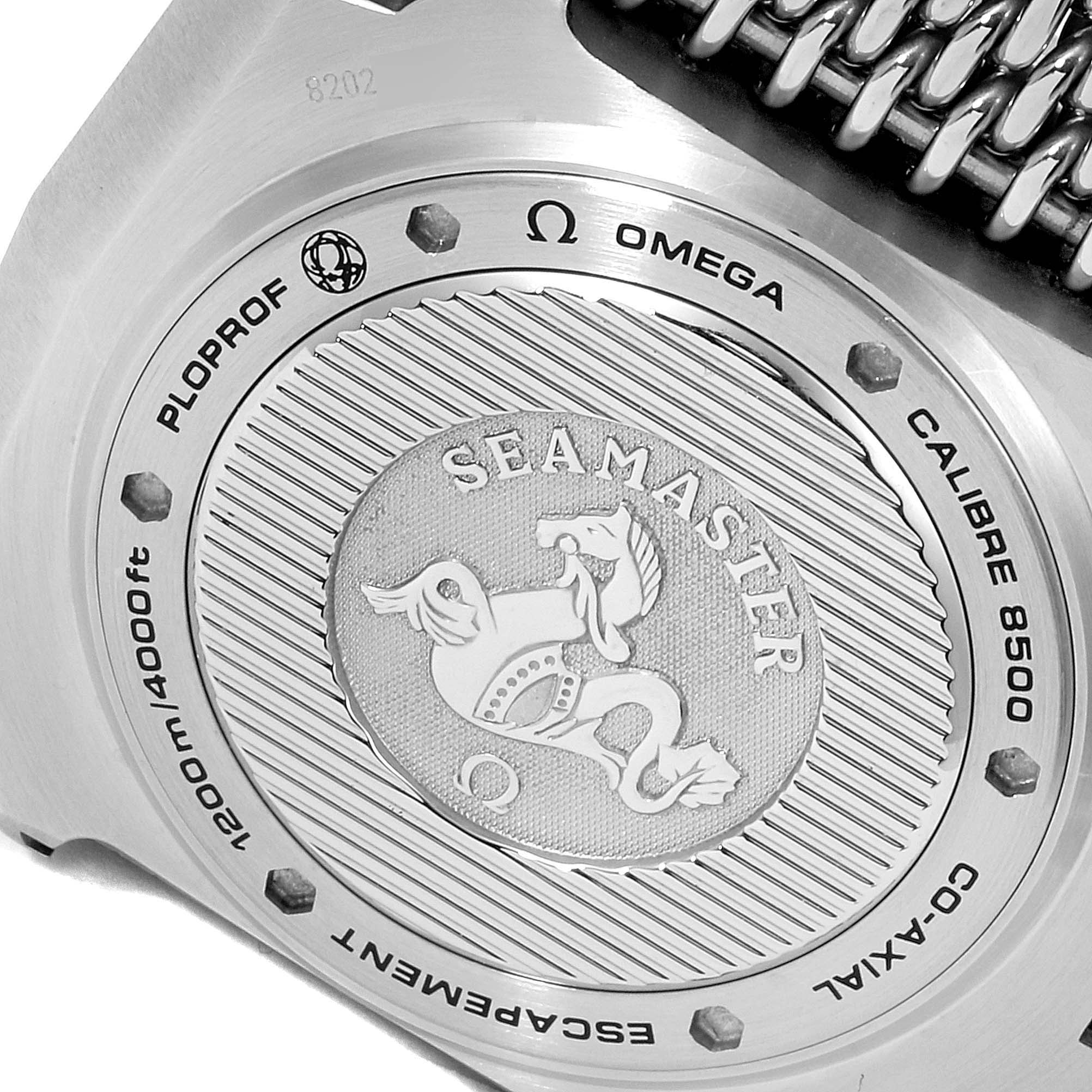 The image shows the back case of an Omega Seamaster Ploprof watch, highlighting the model details and branding.