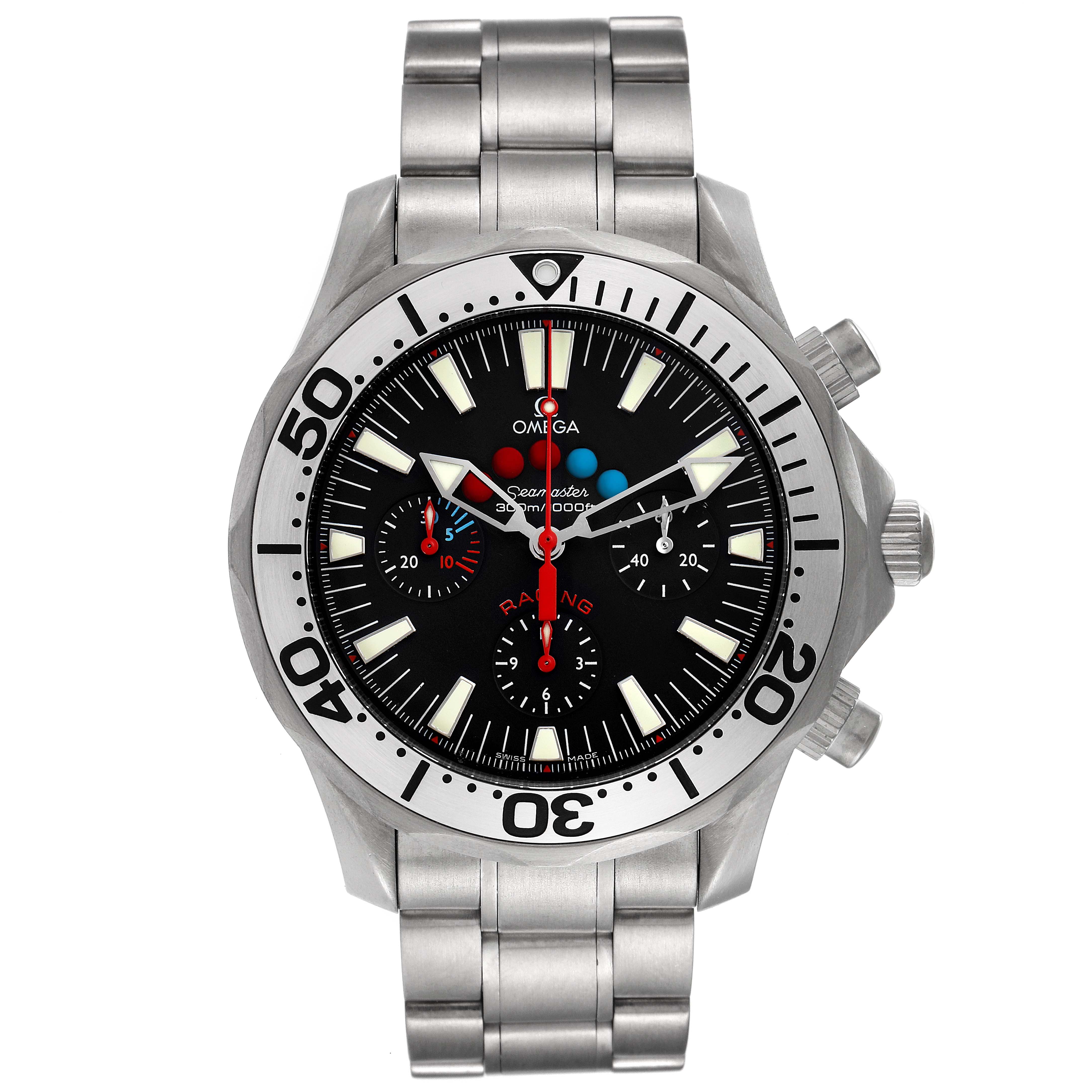 The image shows a front view of the Omega Seamaster 2269.52.00 Men's Titanium Black Dial 2269.52.00 Men's Titanium Black Dial watch, highlighting the dial, bezel, and stainless steel bracelet.