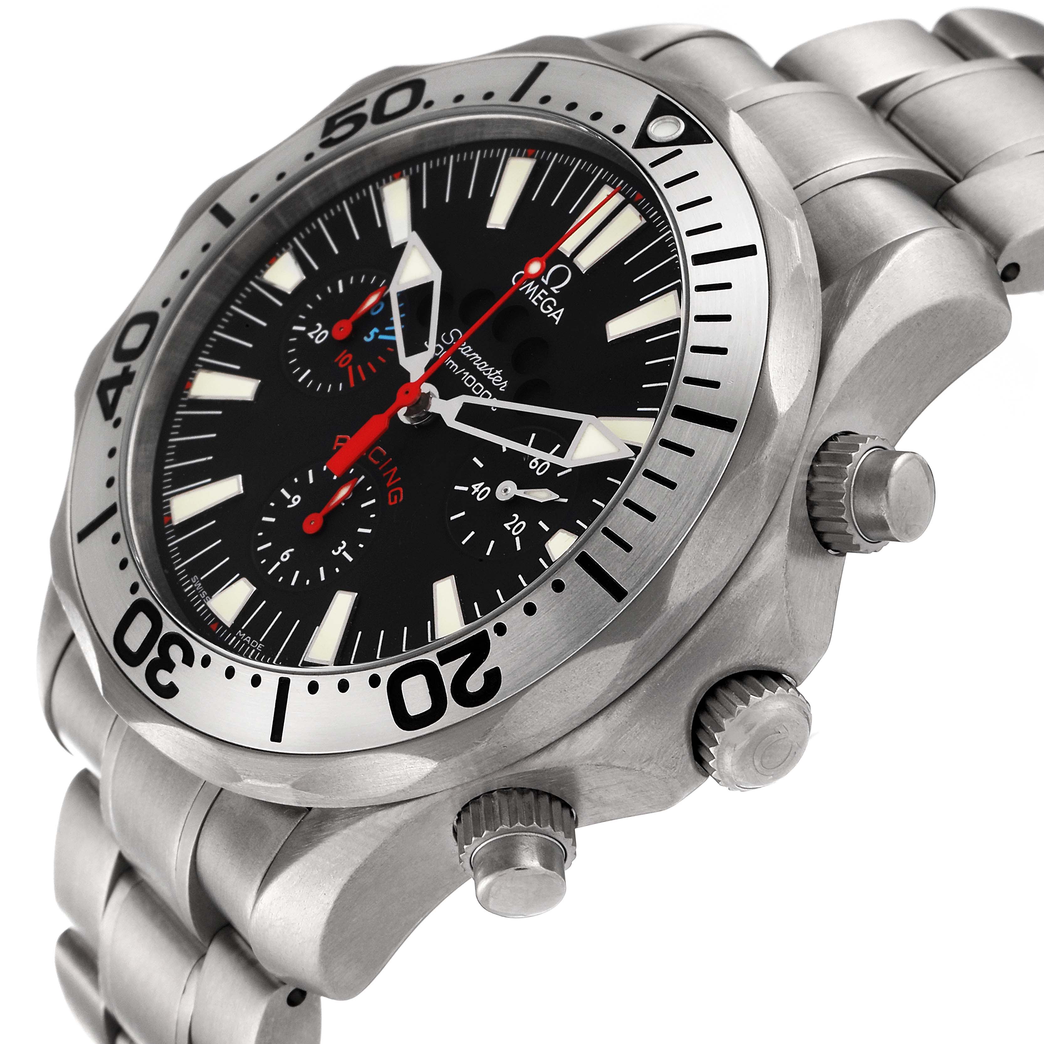 This image shows a side and front angle view of the Omega Seamaster 2269.52.00 Men's Titanium Black Dial 2269.52.00 Men's Titanium Black Dial watch, emphasizing its bezel, dial, and stainless steel bracelet.