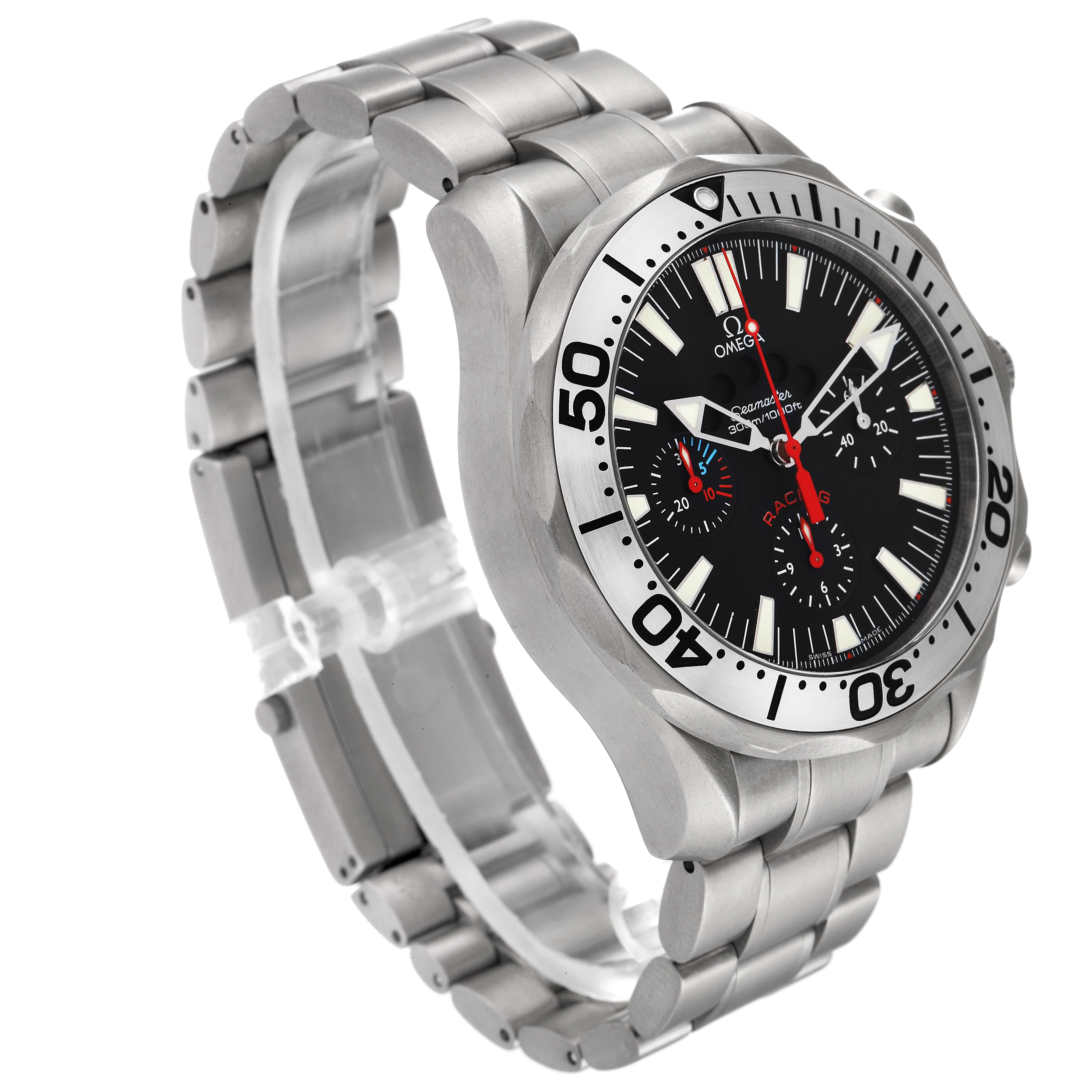 The image shows an angled side view of the Omega Seamaster 2269.52.00 Men's Titanium Black Dial 2269.52.00 Men's Titanium Black Dial, displaying the bezel, dial, and stainless steel bracelet.