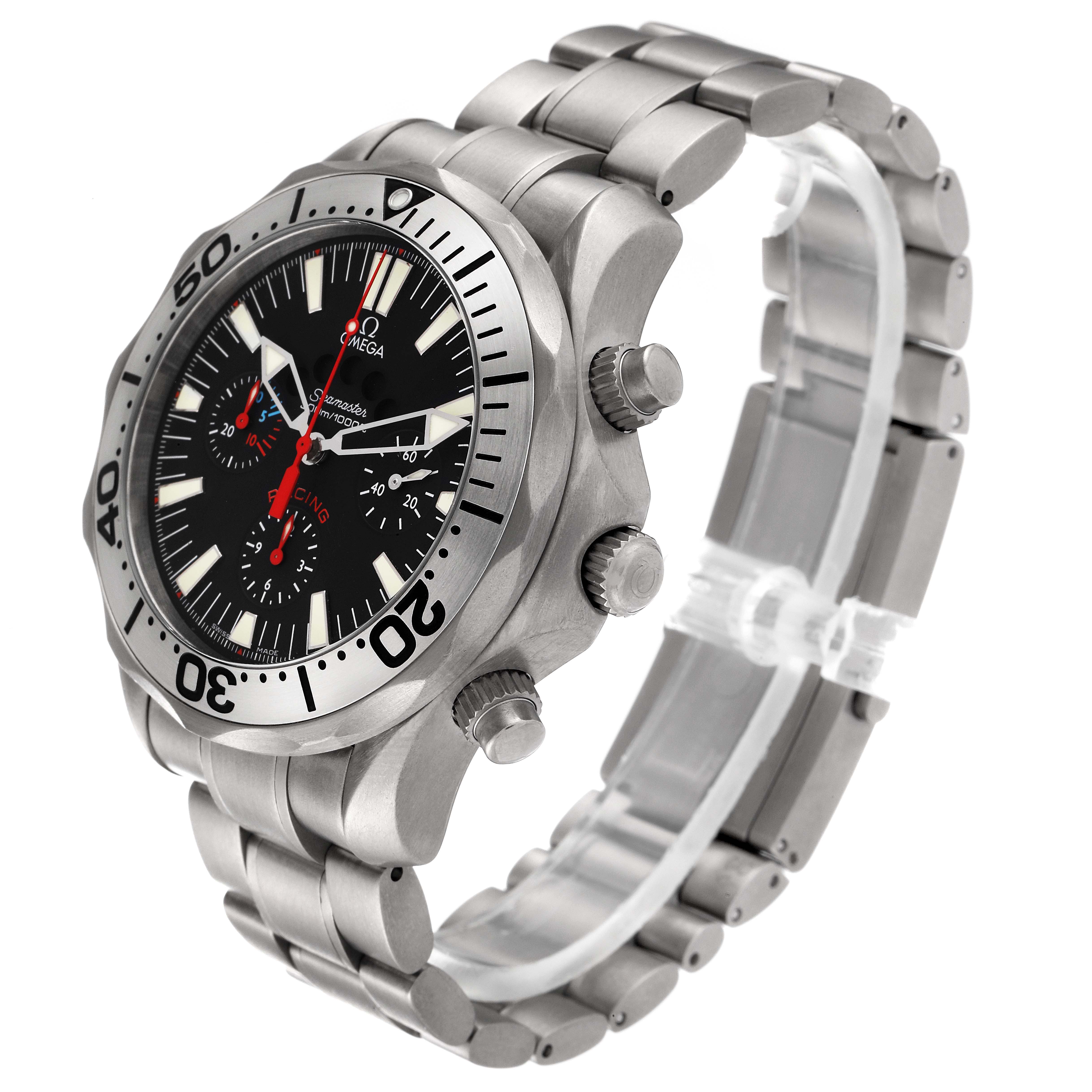 The Omega Seamaster 2269.52.00 Men's Titanium Black Dial 2269.52.00 Men's Titanium Black Dial watch is shown at a three-quarter angle, displaying the bezel, crown, chronograph pushers, and metal bracelet.