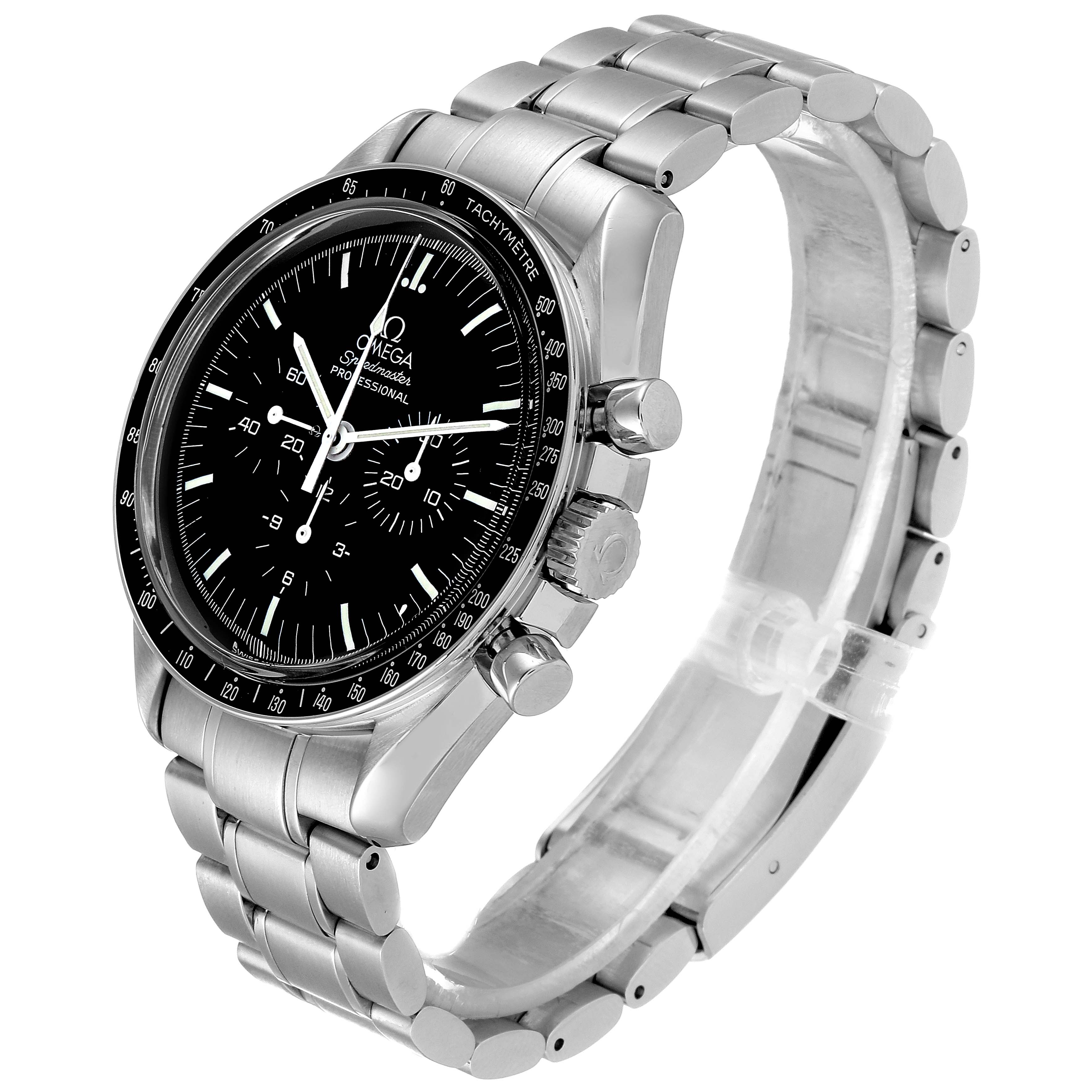 The image shows a side angle of an Omega Speedmaster 3560.50.00 Men's Stainless Steel Black Dial 3560.50.00 Men's Stainless Steel Black Dial watch, highlighting the face, bezel, crown, and stainless steel bracelet.