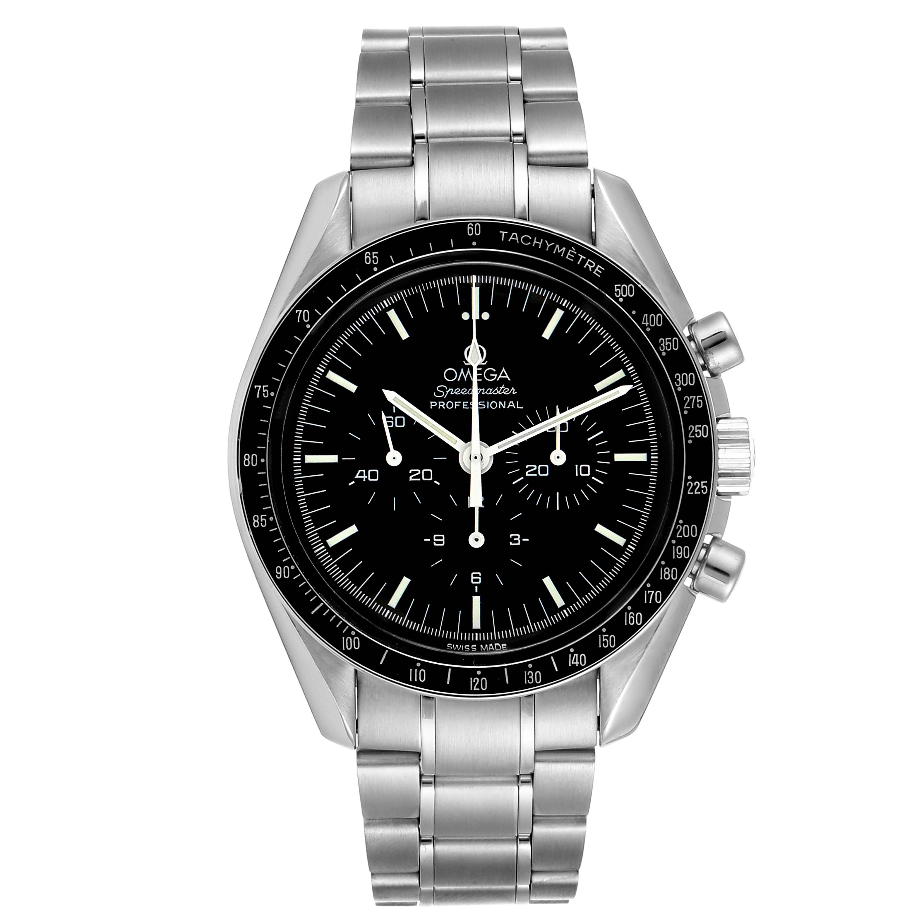 The image shows a front view of the Omega Speedmaster 3560.50.00 Men's Stainless Steel Black Dial 3560.50.00 Men's Stainless Steel Black Dial watch, highlighting its dial, bracelet, and chronograph buttons.