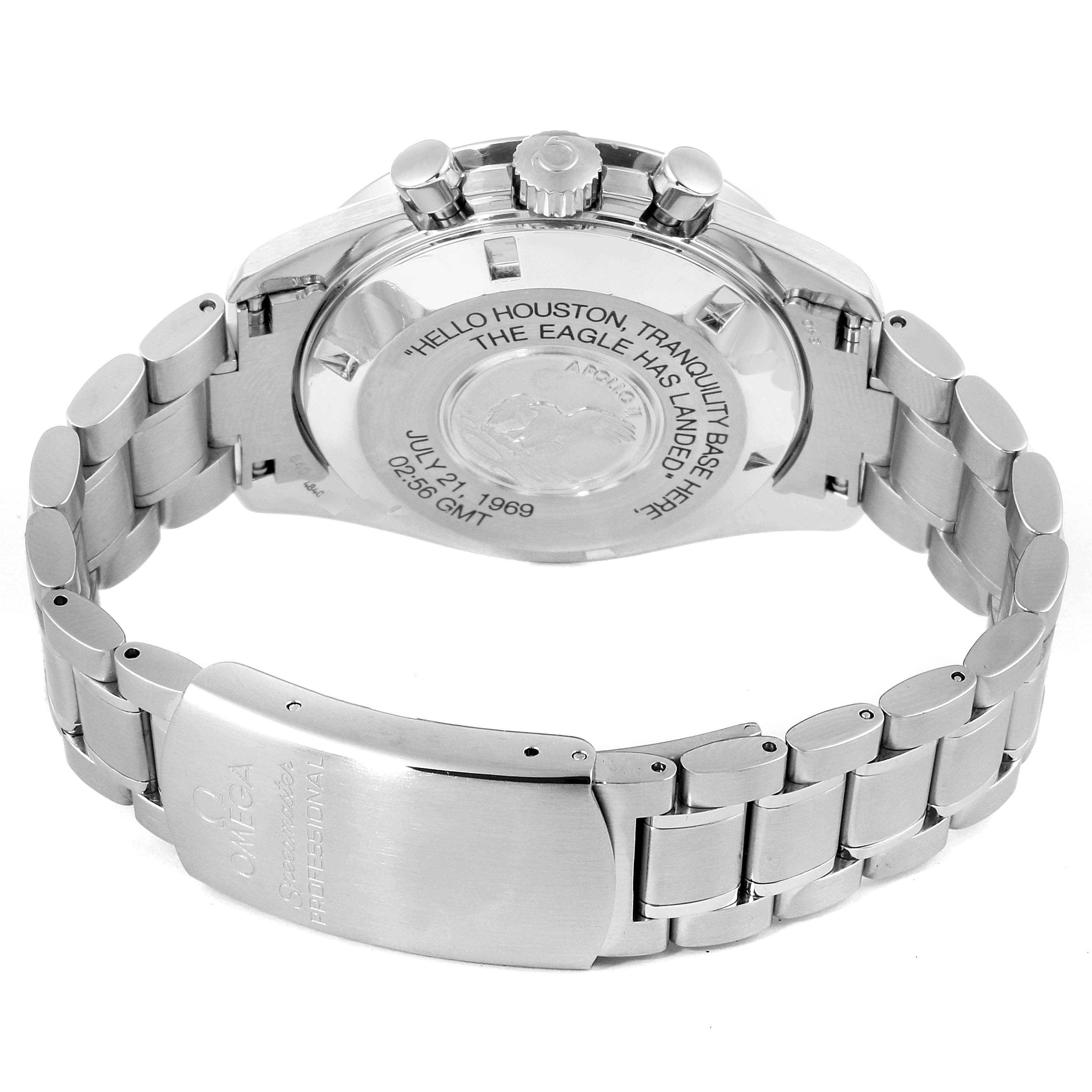 This is a rear view of the Omega Speedmaster 3560.50.00 Men's Stainless Steel Black Dial 3560.50.00 Men's Stainless Steel Black Dial, showing the case back, clasp, and bracelet.